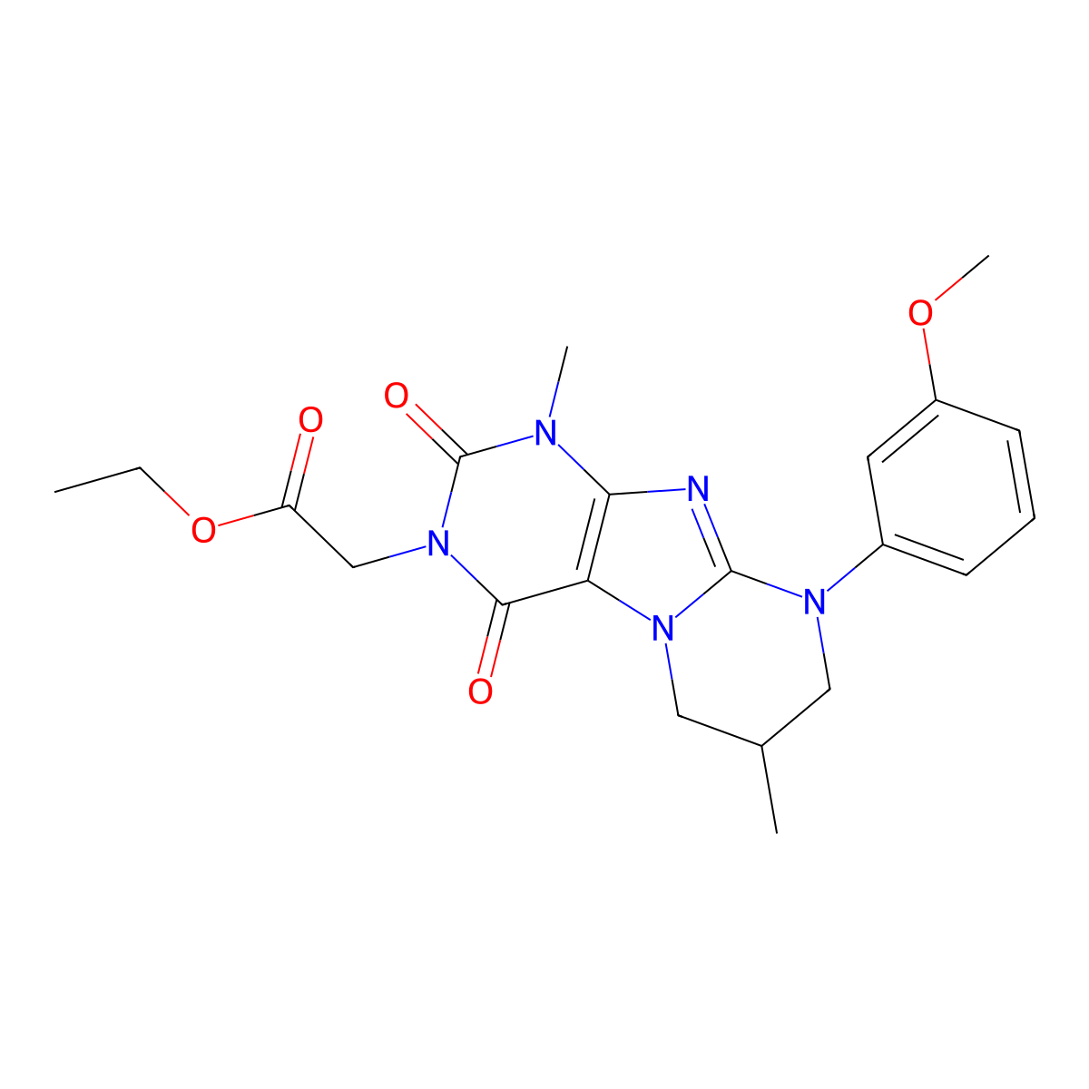 ethyl 2-(9-(3-methoxyphenyl)-1,7-dimethyl-2,4-dioxo-1,2,6,7,8,9-hexahydropyrimido[2,1-f]purin-3(4H)-yl)acetate molecular structure, CAS 847182-50-7