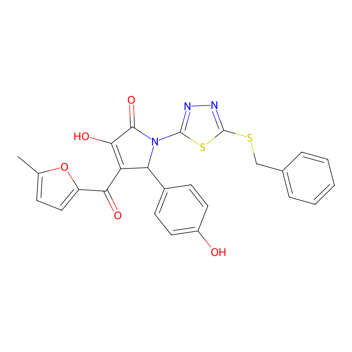 (4E)-1-[5-(benzylsulfanyl)-1,3,4-thiadiazol-2-yl]-4-[hydroxy(5-methylfuran-2-yl)methylidene]-5-(4-hydroxyphenyl)pyrrolidine-2,3-dione molecular structure, CAS 847183-97-5