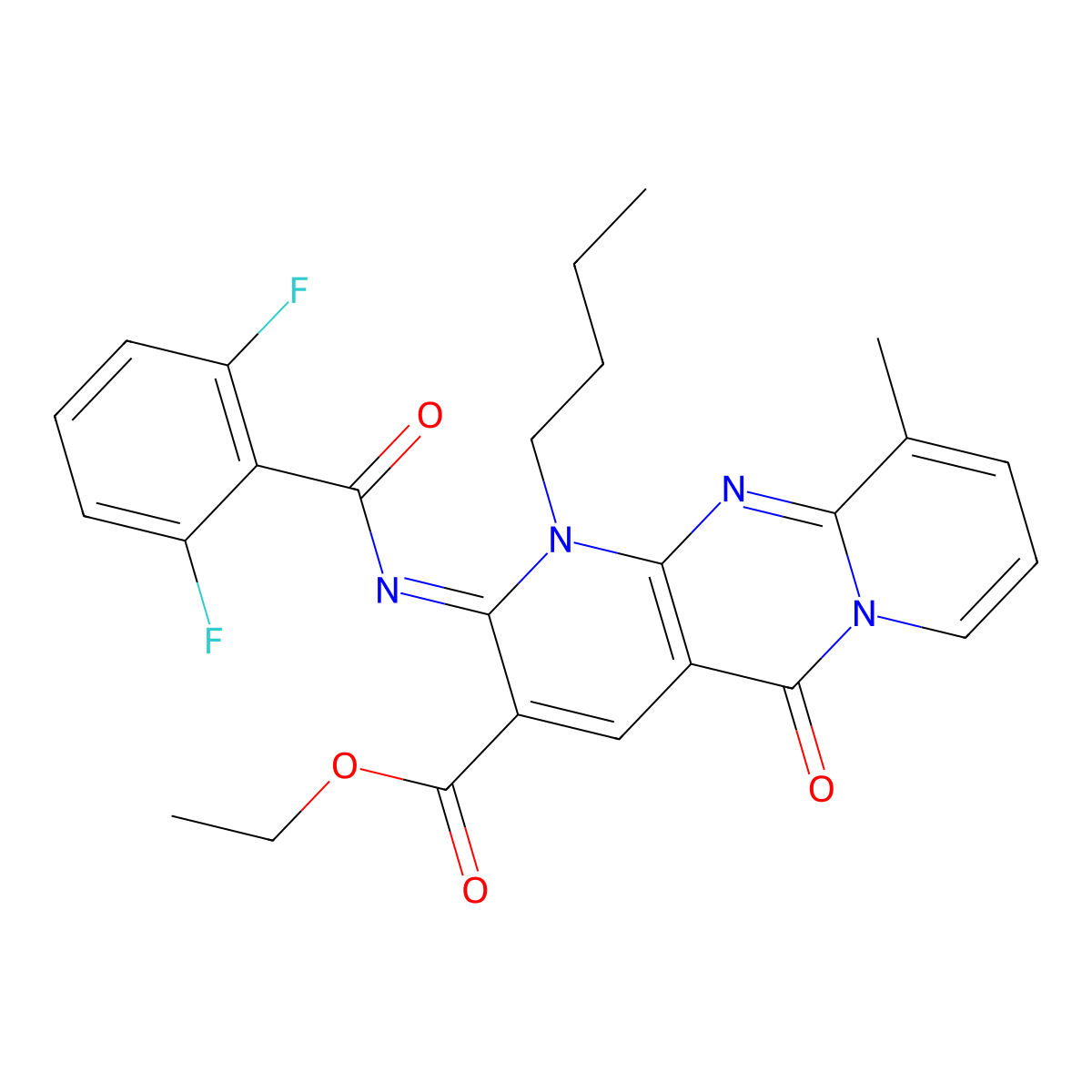 ethyl 1-butyl-2-[(2,6-difluorobenzoyl)imino]-10-methyl-5-oxo-1,5-dihydro-2H-dipyrido[1,2-a:2,3-d]pyrimidine-3-carboxylate molecular structure, CAS 847184-16-1
