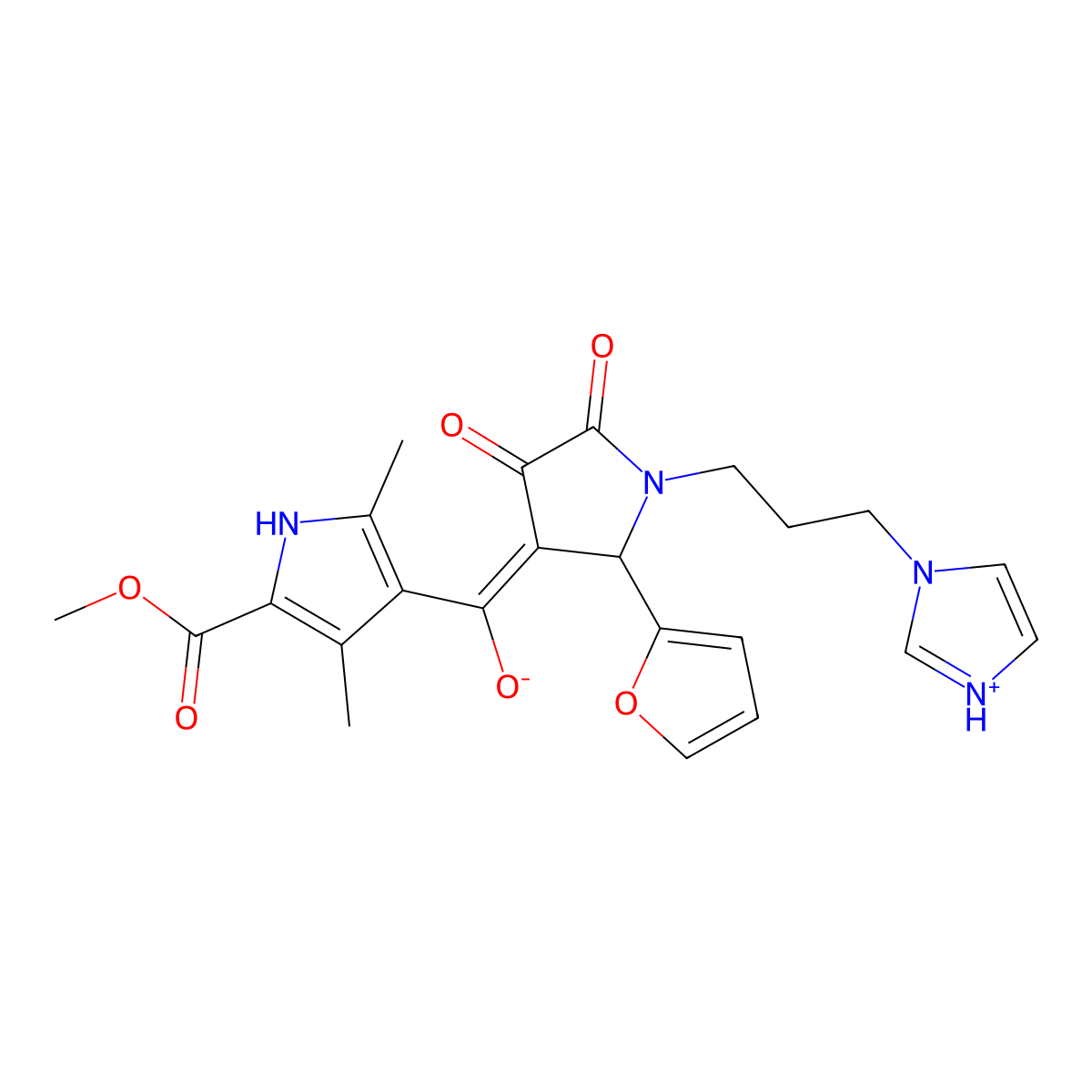 methyl 4-[2-(furan-2-yl)-4-hydroxy-1-[3-(1H-imidazol-1-yl)propyl]-5-oxo-2,5-dihydro-1H-pyrrole-3-carbonyl]-3,5-dimethyl-1H-pyrrole-2-carboxylate molecular structure, CAS 847184-98-9