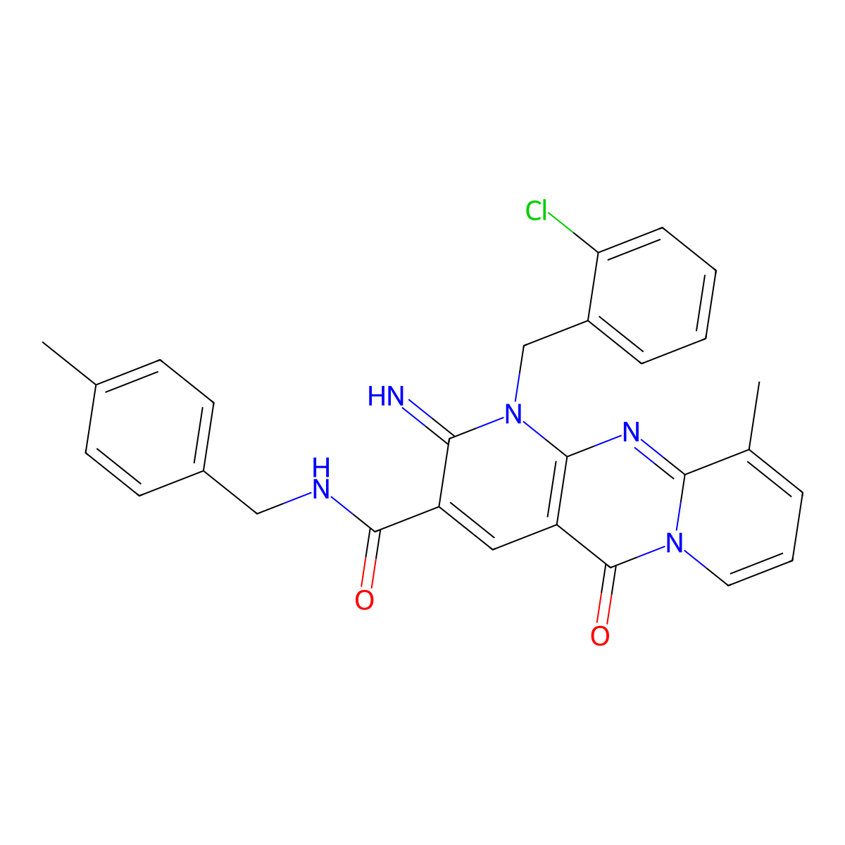 7-[(2-chlorophenyl)methyl]-6-imino-11-methyl-N-[(4-methylphenyl)methyl]-2-oxo-1,7,9-triazatricyclo[8.4.0.0^{3,8}]tetradeca-3(8),4,9,11,13-pentaene-5-carboxamide molecular structure, CAS 847185-60-8