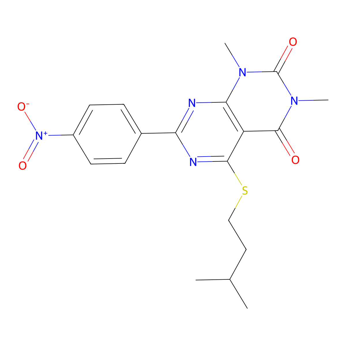1,3-Dimethyl-5-(3-methylbutylsulfanyl)-7-(4-nitrophenyl)pyrimido[4,5-d]pyrimidine-2,4-dione molecular structure, CAS 847190-26-5