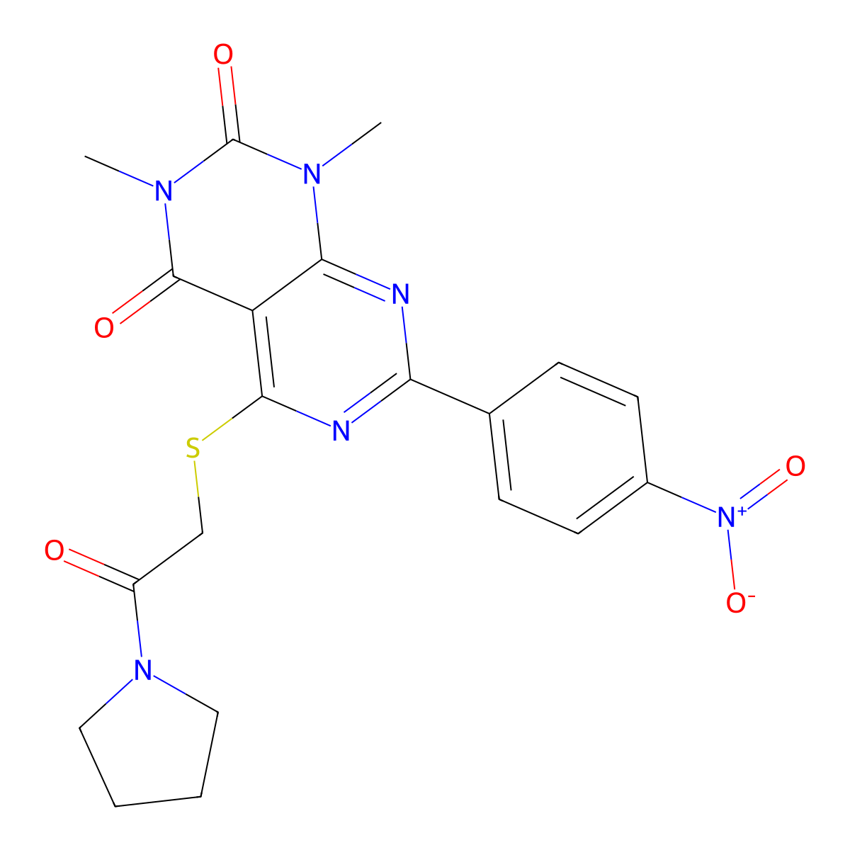 1,3-dimethyl-7-(4-nitrophenyl)-5-((2-oxo-2-(pyrrolidin-1-yl)ethyl)thio)pyrimido[4,5-d]pyrimidine-2,4(1H,3H)-dione molecular structure, CAS 847190-27-6