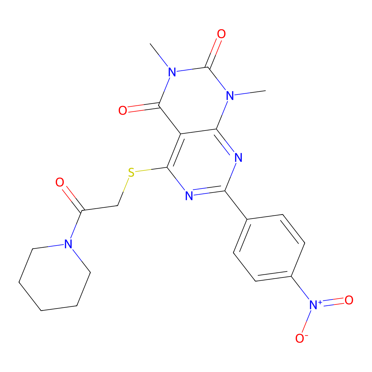 1,3-dimethyl-7-(4-nitrophenyl)-5-((2-oxo-2-(piperidin-1-yl)ethyl)thio)pyrimido[4,5-d]pyrimidine-2,4(1H,3H)-dione molecular structure, CAS 847190-28-7
