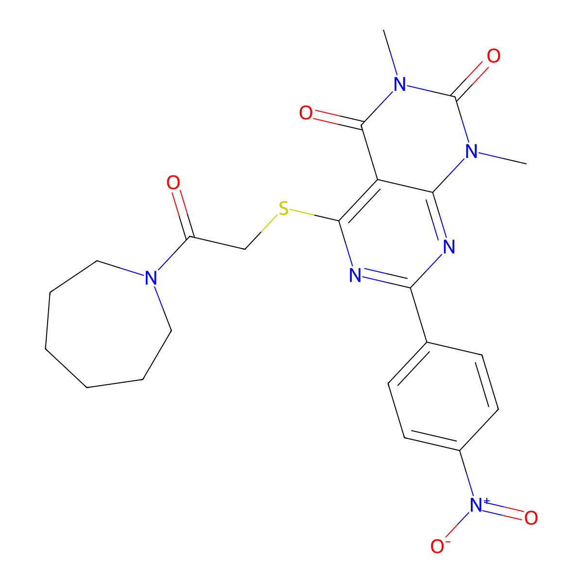 5-((2-(azepan-1-yl)-2-oxoethyl)thio)-1,3-dimethyl-7-(4-nitrophenyl)pyrimido[4,5-d]pyrimidine-2,4(1H,3H)-dione molecular structure, CAS 847190-29-8