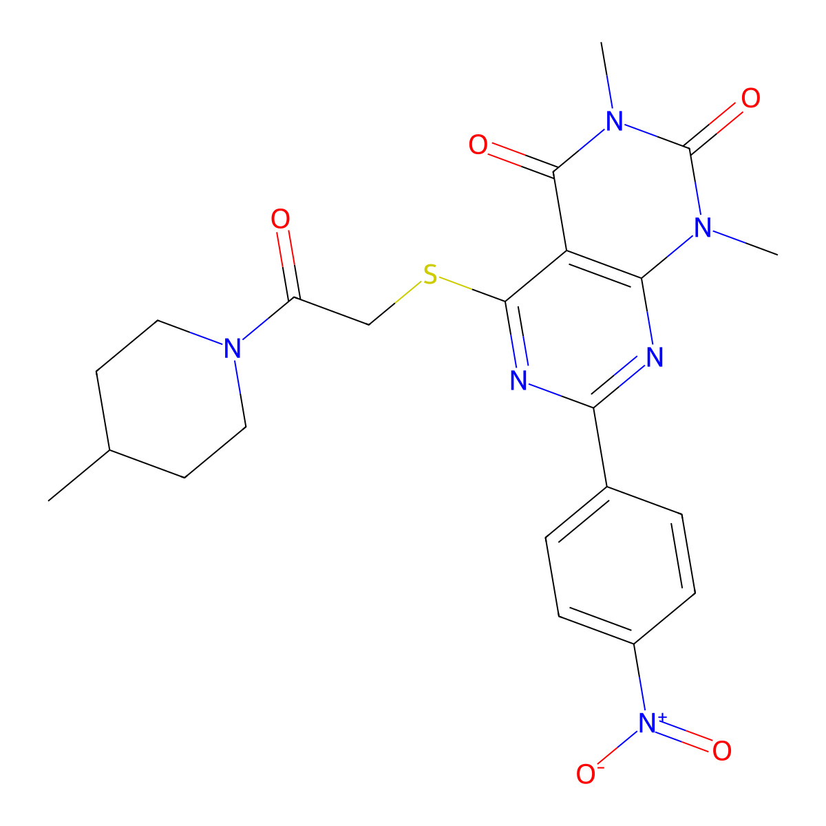 1,3-dimethyl-5-((2-(4-methylpiperidin-1-yl)-2-oxoethyl)thio)-7-(4-nitrophenyl)pyrimido[4,5-d]pyrimidine-2,4(1H,3H)-dione molecular structure, CAS 847190-31-2