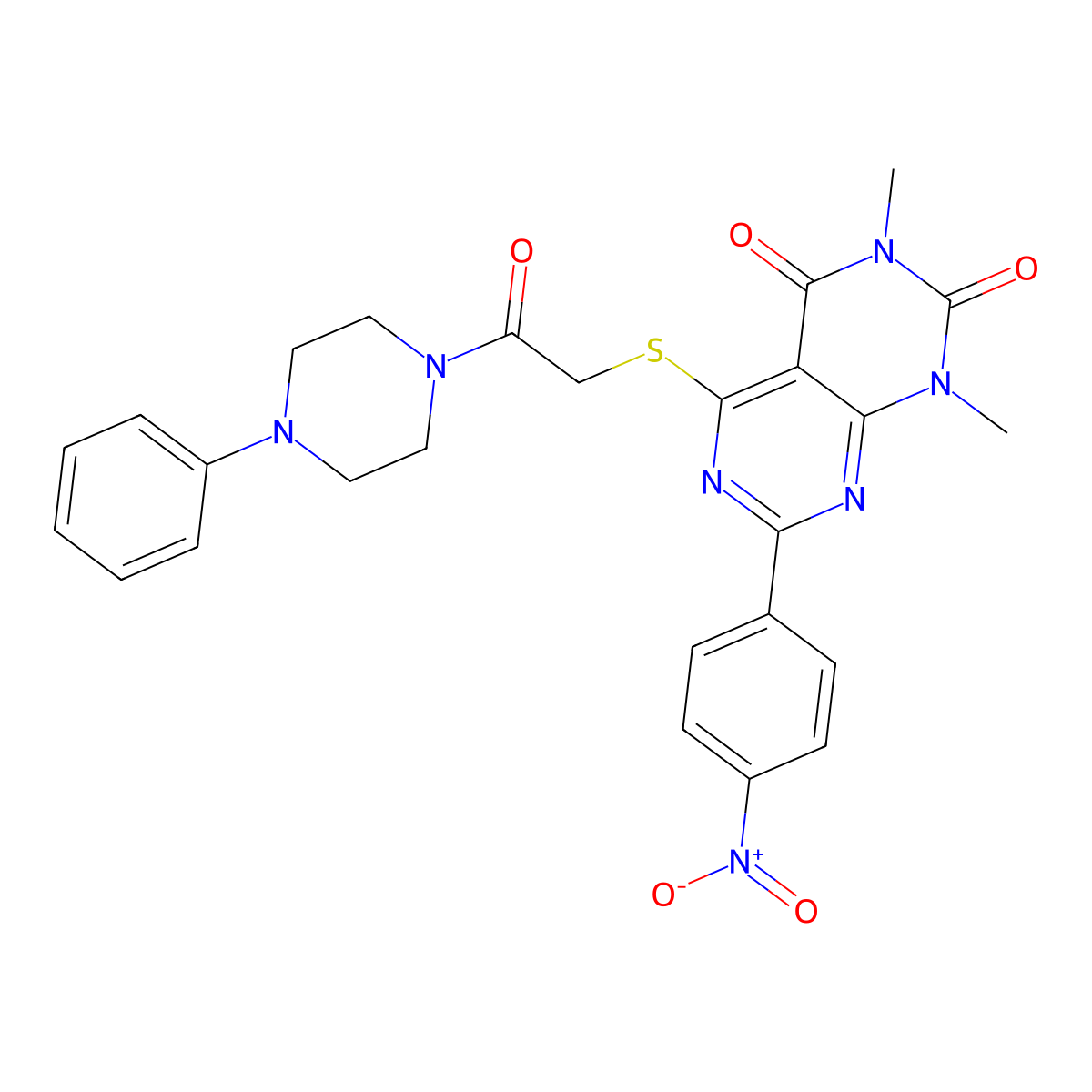1,3-dimethyl-7-(4-nitrophenyl)-5-((2-oxo-2-(4-phenylpiperazin-1-yl)ethyl)thio)pyrimido[4,5-d]pyrimidine-2,4(1H,3H)-dione molecular structure, CAS 847190-32-3