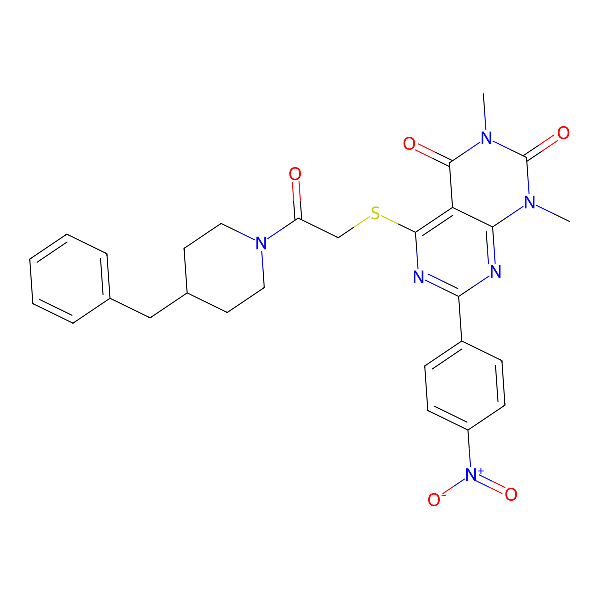 5-((2-(4-benzylpiperidin-1-yl)-2-oxoethyl)thio)-1,3-dimethyl-7-(4-nitrophenyl)pyrimido[4,5-d]pyrimidine-2,4(1H,3H)-dione molecular structure, CAS 847190-33-4