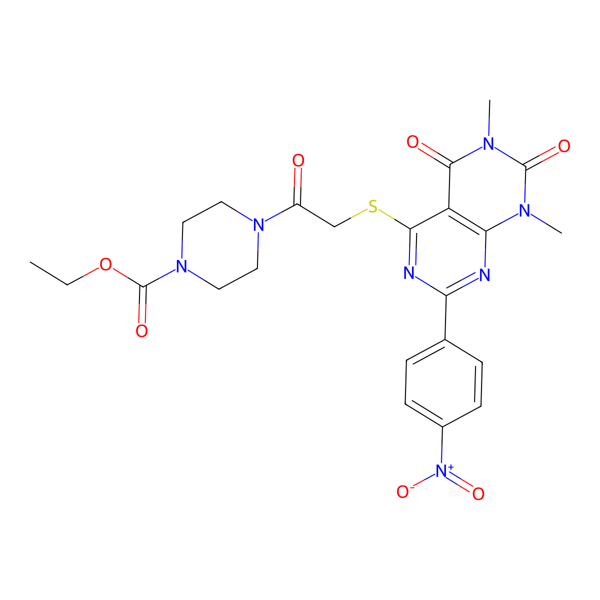 Ethyl 4-(2-((6,8-dimethyl-2-(4-nitrophenyl)-5,7-dioxo-5,6,7,8-tetrahydropyrimido[4,5-d]pyrimidin-4-yl)thio)acetyl)piperazine-1-carboxylate molecular structure, CAS 847190-34-5