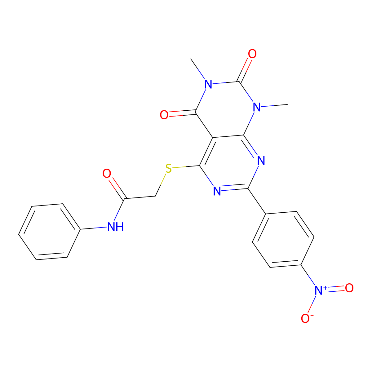 2-((6,8-dimethyl-2-(4-nitrophenyl)-5,7-dioxo-5,6,7,8-tetrahydropyrimido[4,5-d]pyrimidin-4-yl)thio)-N-phenylacetamide molecular structure, CAS 847190-35-6