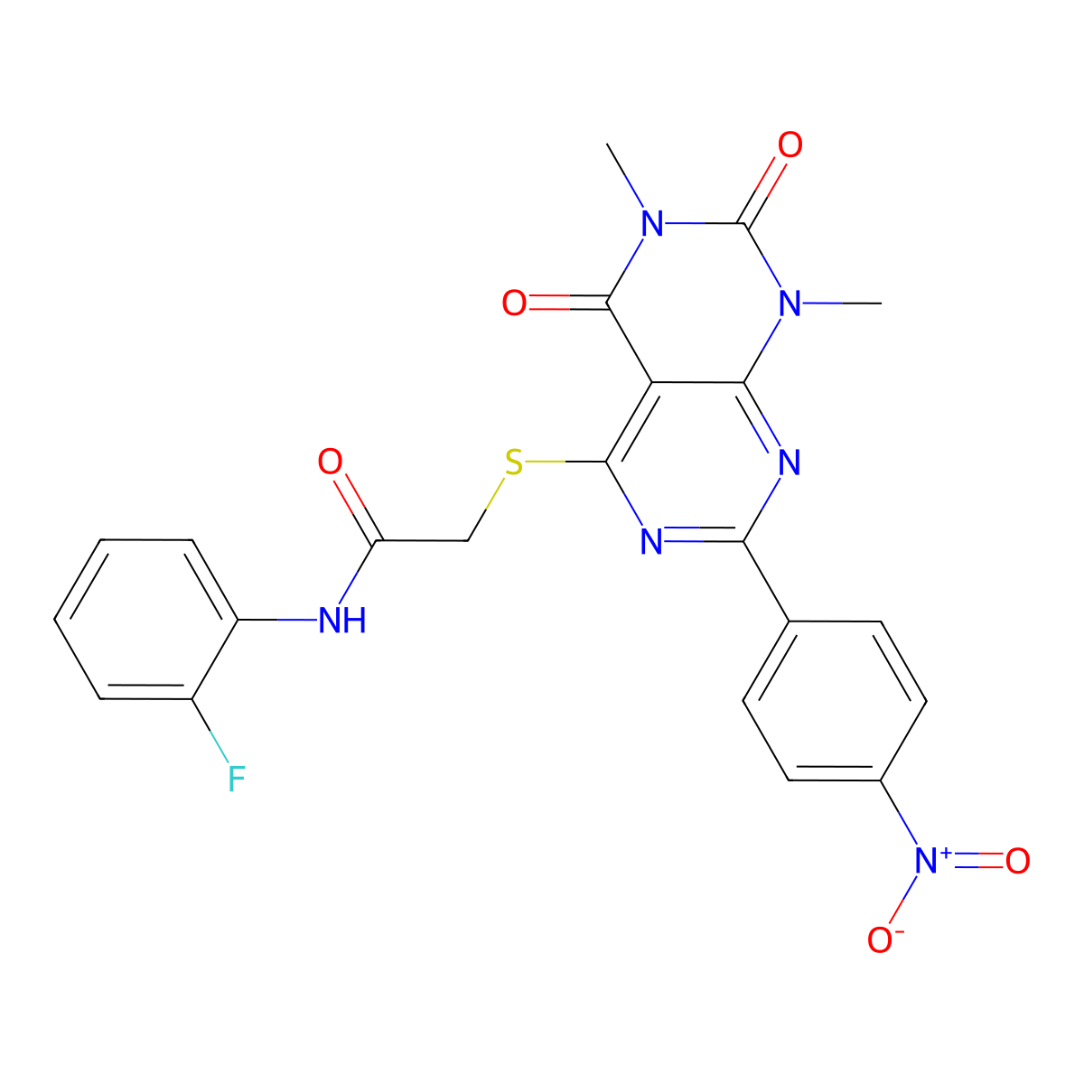 2-{[6,8-dimethyl-2-(4-nitrophenyl)-5,7-dioxo-5H,6H,7H,8H-[1,3]diazino[4,5-d]pyrimidin-4-yl]sulfanyl}-N-(2-fluorophenyl)acetamide molecular structure, CAS 847190-36-7