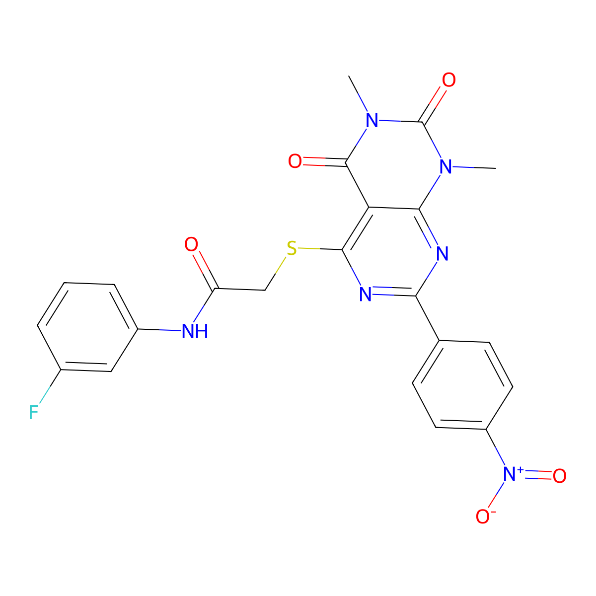 2-((6,8-dimethyl-2-(4-nitrophenyl)-5,7-dioxo-5,6,7,8-tetrahydropyrimido[4,5-d]pyrimidin-4-yl)thio)-N-(3-fluorophenyl)acetamide molecular structure, CAS 847190-37-8