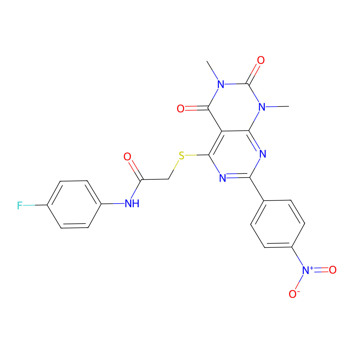 2-((6,8-dimethyl-2-(4-nitrophenyl)-5,7-dioxo-5,6,7,8-tetrahydropyrimido[4,5-d]pyrimidin-4-yl)thio)-N-(4-fluorophenyl)acetamide molecular structure, CAS 847190-38-9