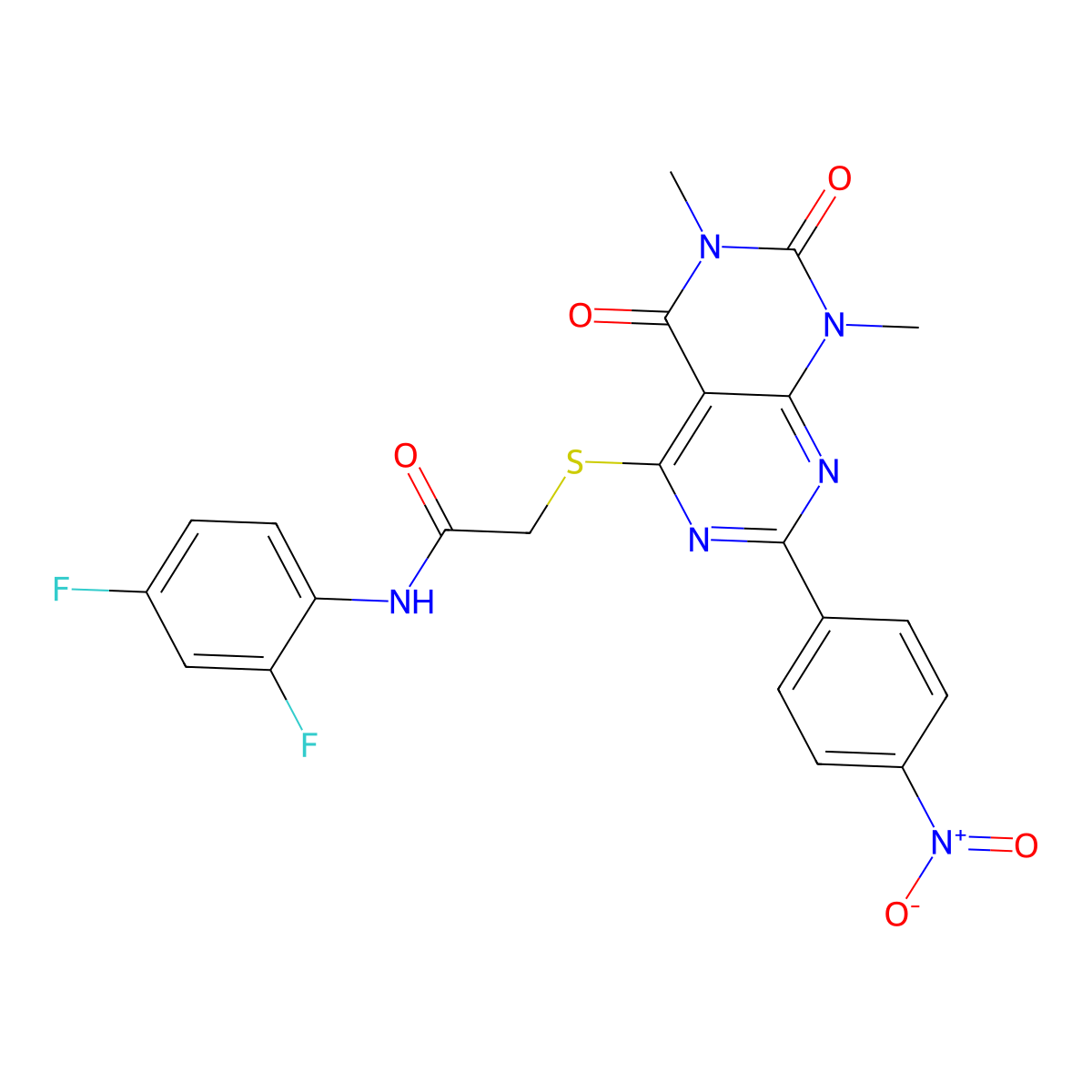 N-(2,4-difluorophenyl)-2-((6,8-dimethyl-2-(4-nitrophenyl)-5,7-dioxo-5,6,7,8-tetrahydropyrimido[4,5-d]pyrimidin-4-yl)thio)acetamide molecular structure, CAS 847190-39-0