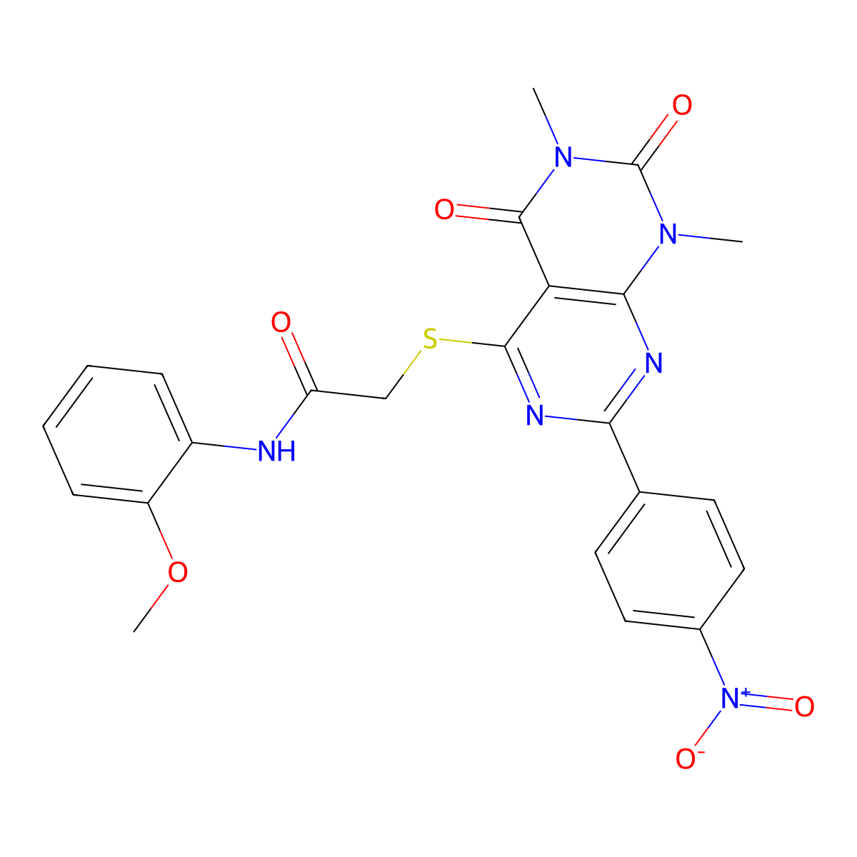 2-((6,8-dimethyl-2-(4-nitrophenyl)-5,7-dioxo-5,6,7,8-tetrahydropyrimido[4,5-d]pyrimidin-4-yl)thio)-N-(2-methoxyphenyl)acetamide molecular structure, CAS 847190-40-3