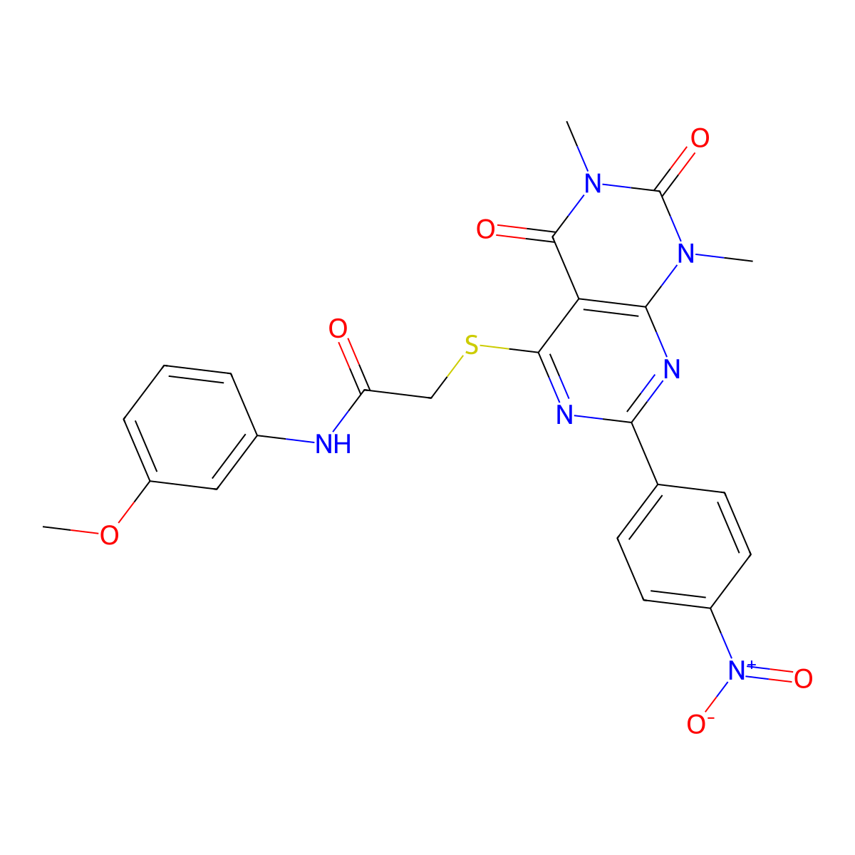 2-((6,8-dimethyl-2-(4-nitrophenyl)-5,7-dioxo-5,6,7,8-tetrahydropyrimido[4,5-d]pyrimidin-4-yl)thio)-N-(3-methoxyphenyl)acetamide molecular structure, CAS 847190-41-4