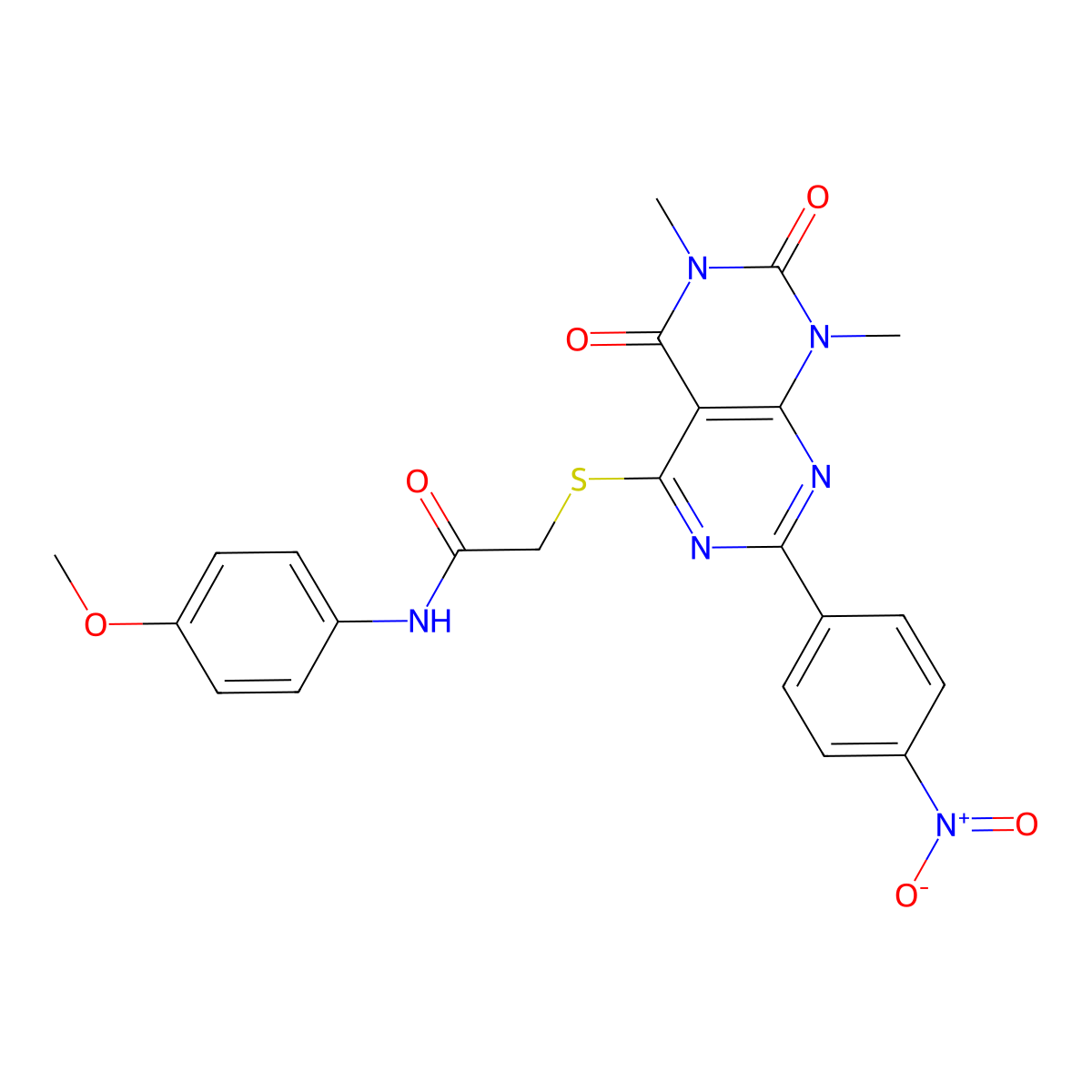 2-((6,8-dimethyl-2-(4-nitrophenyl)-5,7-dioxo-5,6,7,8-tetrahydropyrimido[4,5-d]pyrimidin-4-yl)thio)-N-(4-methoxyphenyl)acetamide molecular structure, CAS 847190-42-5