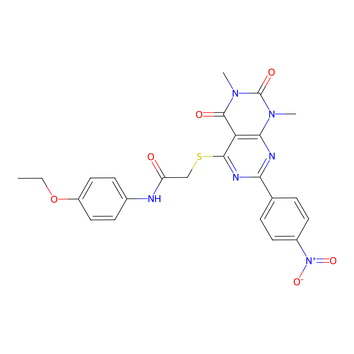 2-((6,8-dimethyl-2-(4-nitrophenyl)-5,7-dioxo-5,6,7,8-tetrahydropyrimido[4,5-d]pyrimidin-4-yl)thio)-N-(4-ethoxyphenyl)acetamide molecular structure, CAS 847190-44-7