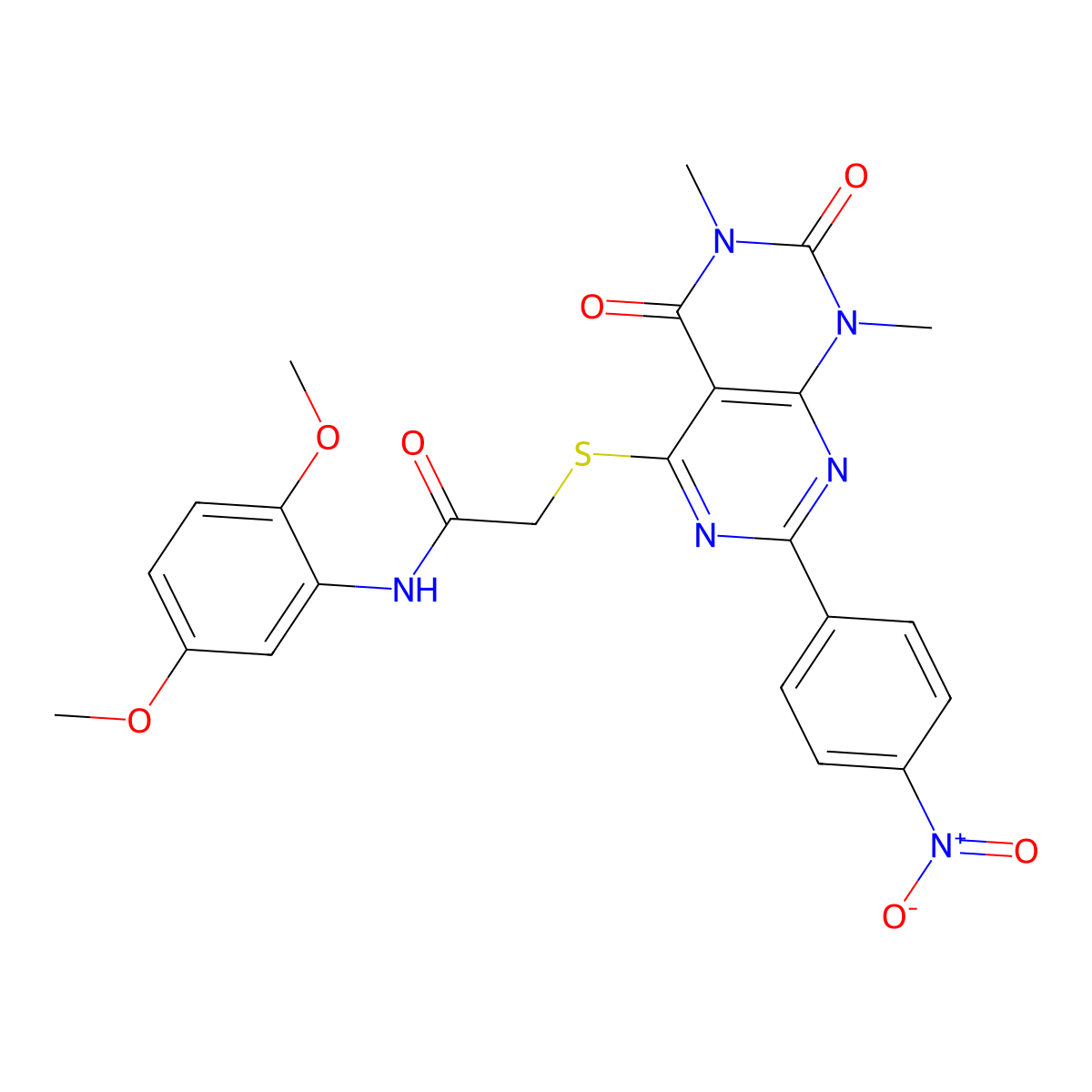 N-(2,5-dimethoxyphenyl)-2-((6,8-dimethyl-2-(4-nitrophenyl)-5,7-dioxo-5,6,7,8-tetrahydropyrimido[4,5-d]pyrimidin-4-yl)thio)acetamide molecular structure, CAS 847190-45-8