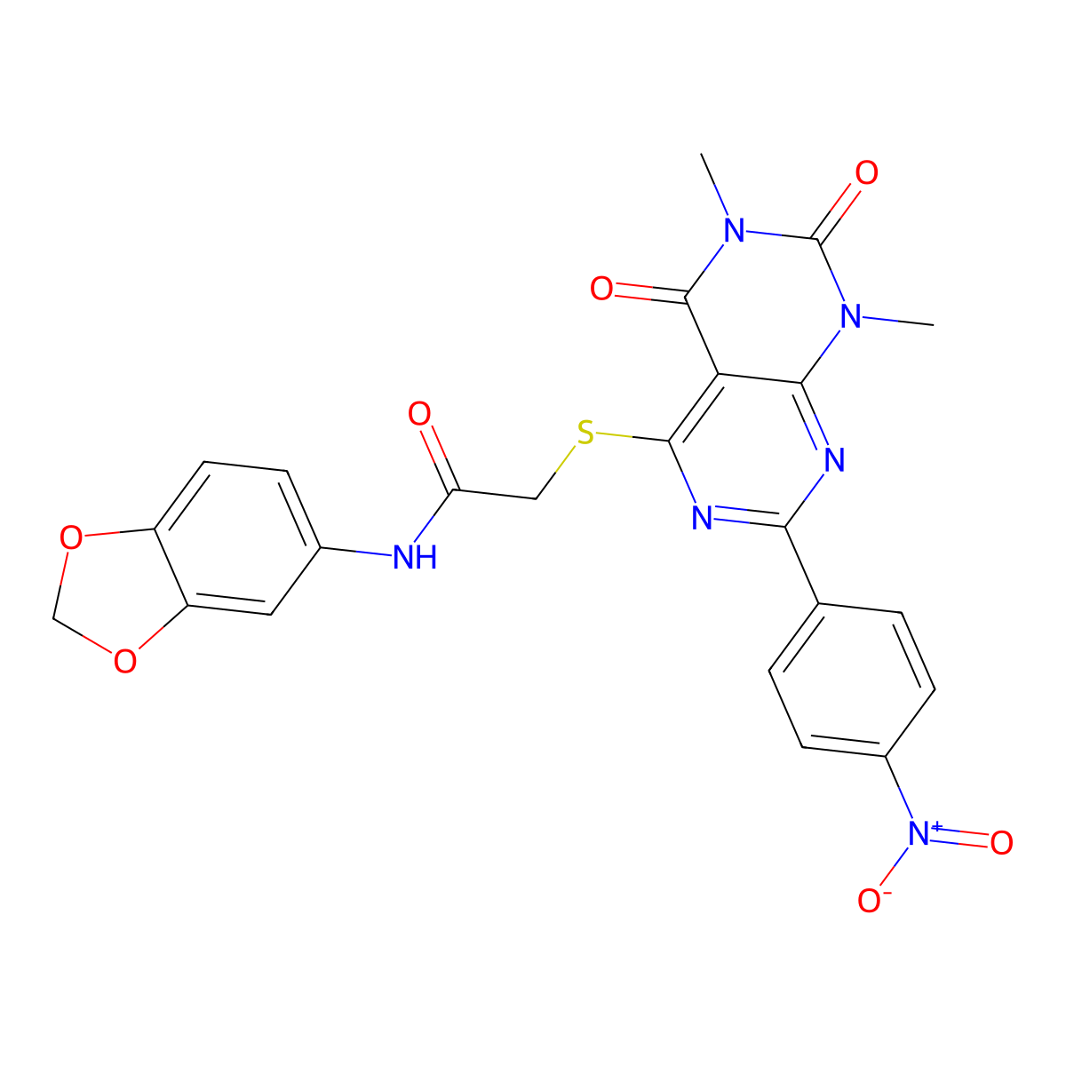N-(benzo[d][1,3]dioxol-5-yl)-2-((6,8-dimethyl-2-(4-nitrophenyl)-5,7-dioxo-5,6,7,8-tetrahydropyrimido[4,5-d]pyrimidin-4-yl)thio)acetamide molecular structure, CAS 847190-46-9