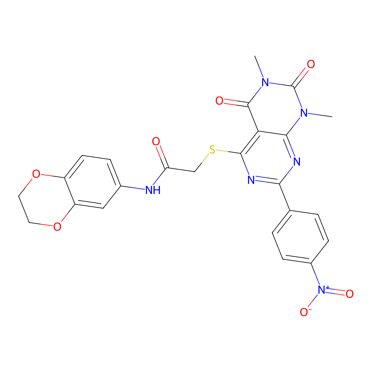 N-(2,3-dihydrobenzo[b][1,4]dioxin-6-yl)-2-((6,8-dimethyl-2-(4-nitrophenyl)-5,7-dioxo-5,6,7,8-tetrahydropyrimido[4,5-d]pyrimidin-4-yl)thio)acetamide molecular structure, CAS 847190-47-0