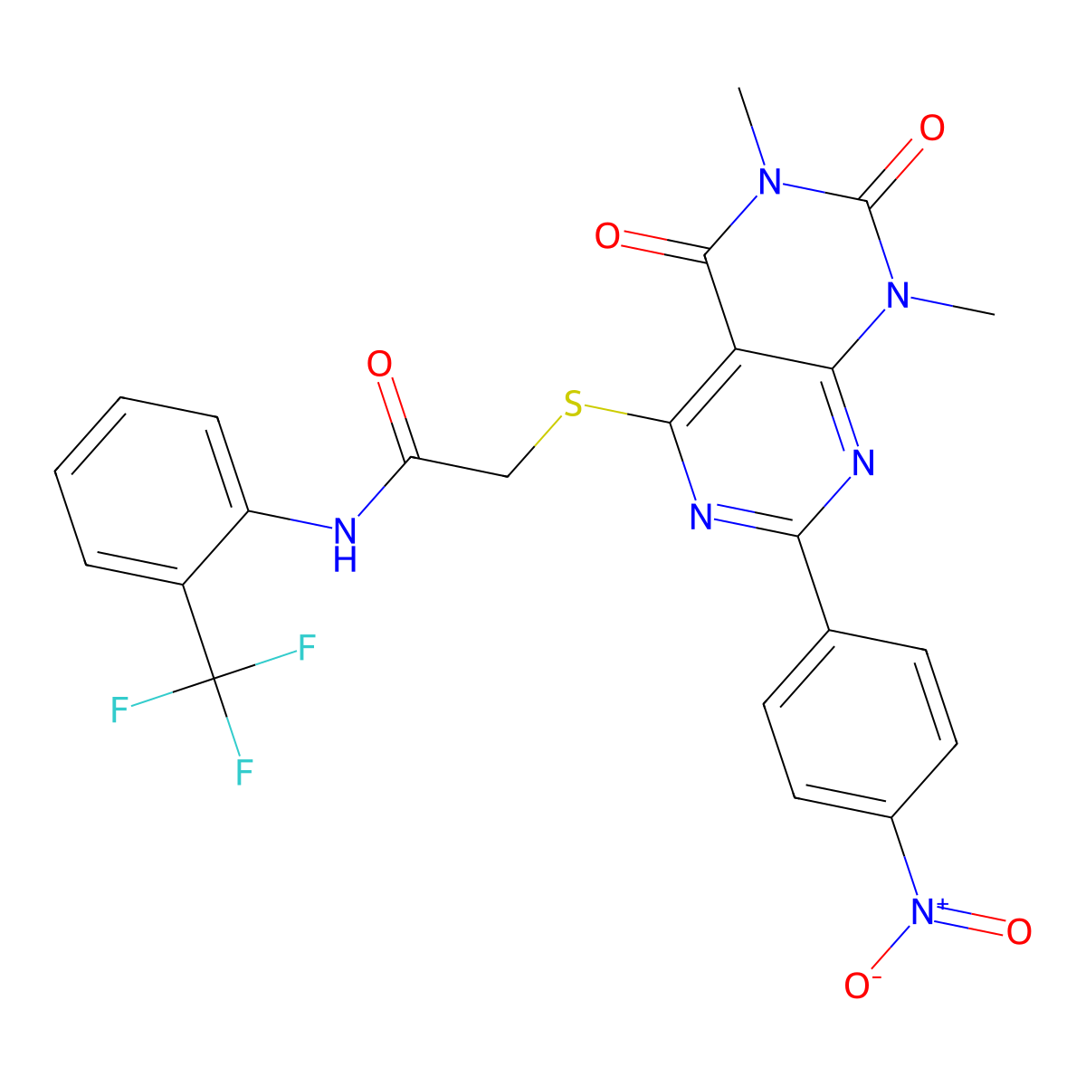 2-((6,8-dimethyl-2-(4-nitrophenyl)-5,7-dioxo-5,6,7,8-tetrahydropyrimido[4,5-d]pyrimidin-4-yl)thio)-N-(2-(trifluoromethyl)phenyl)acetamide molecular structure, CAS 847190-48-1