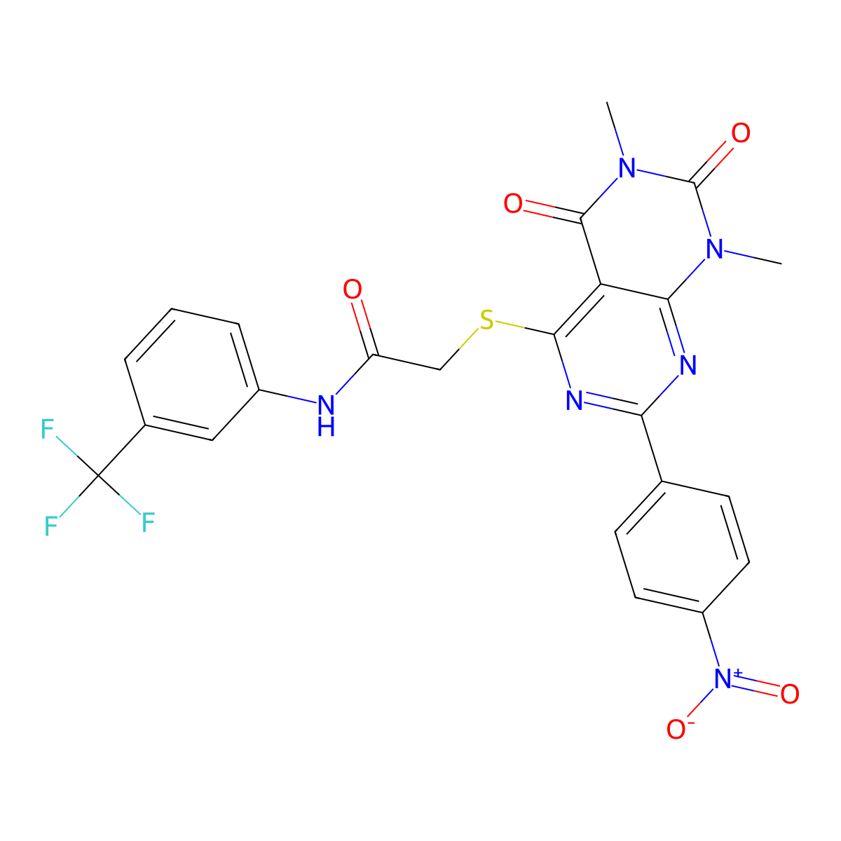 2-((6,8-dimethyl-2-(4-nitrophenyl)-5,7-dioxo-5,6,7,8-tetrahydropyrimido[4,5-d]pyrimidin-4-yl)thio)-N-(3-(trifluoromethyl)phenyl)acetamide molecular structure, CAS 847190-49-2