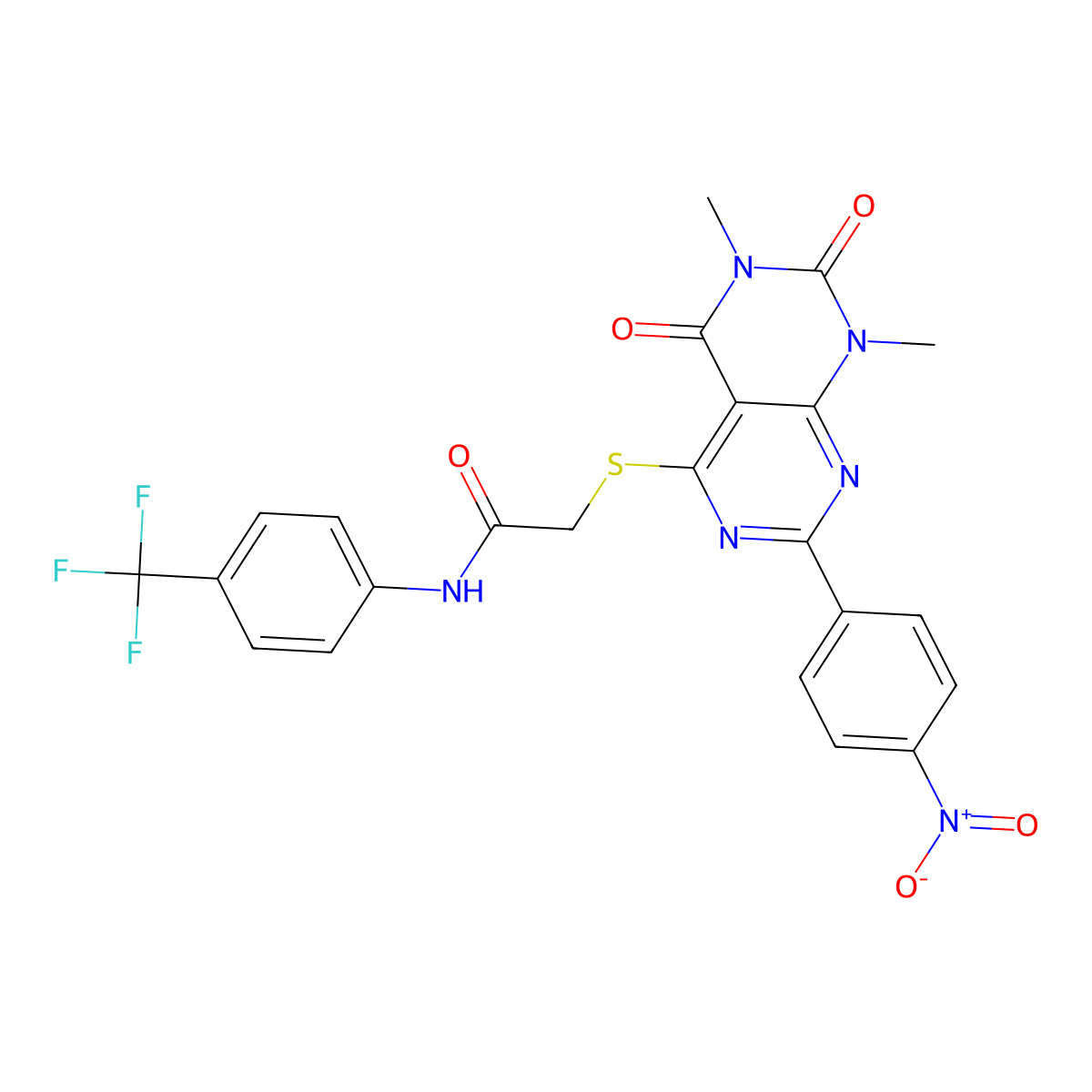 2-((6,8-dimethyl-2-(4-nitrophenyl)-5,7-dioxo-5,6,7,8-tetrahydropyrimido[4,5-d]pyrimidin-4-yl)thio)-N-(4-(trifluoromethyl)phenyl)acetamide molecular structure, CAS 847190-50-5