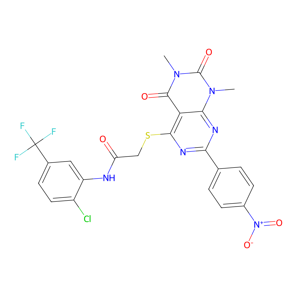 N-(2-chloro-5-(trifluoromethyl)phenyl)-2-((6,8-dimethyl-2-(4-nitrophenyl)-5,7-dioxo-5,6,7,8-tetrahydropyrimido[4,5-d]pyrimidin-4-yl)thio)acetamide molecular structure, CAS 847190-51-6