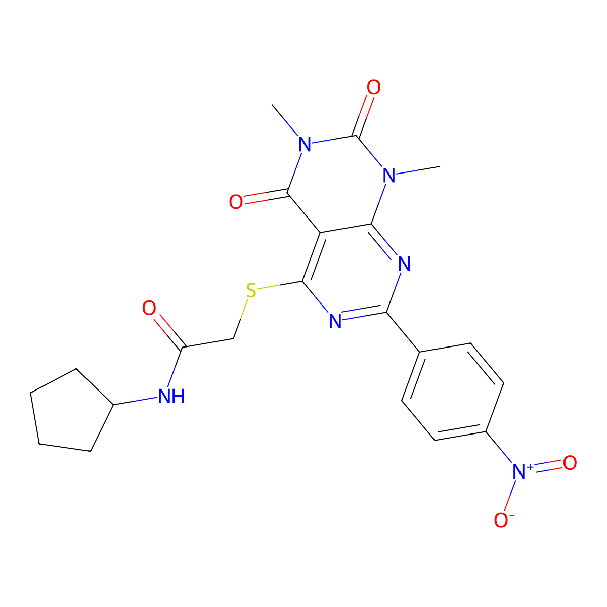 N-cyclopentyl-2-((6,8-dimethyl-2-(4-nitrophenyl)-5,7-dioxo-5,6,7,8-tetrahydropyrimido[4,5-d]pyrimidin-4-yl)thio)acetamide molecular structure, CAS 847190-54-9