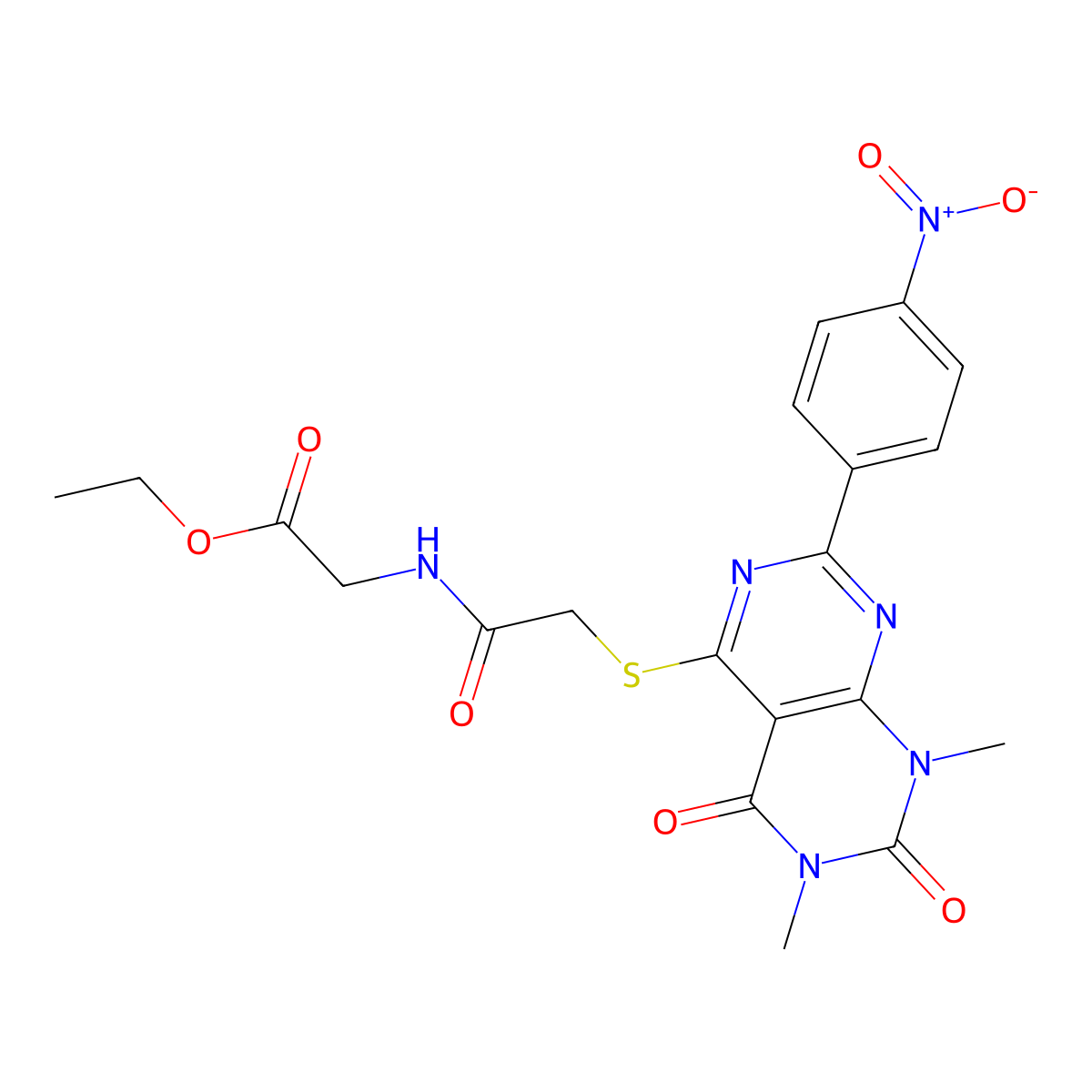 Ethyl 2-(2-((6,8-dimethyl-2-(4-nitrophenyl)-5,7-dioxo-5,6,7,8-tetrahydropyrimido[4,5-d]pyrimidin-4-yl)thio)acetamido)acetate molecular structure, CAS 847190-55-0