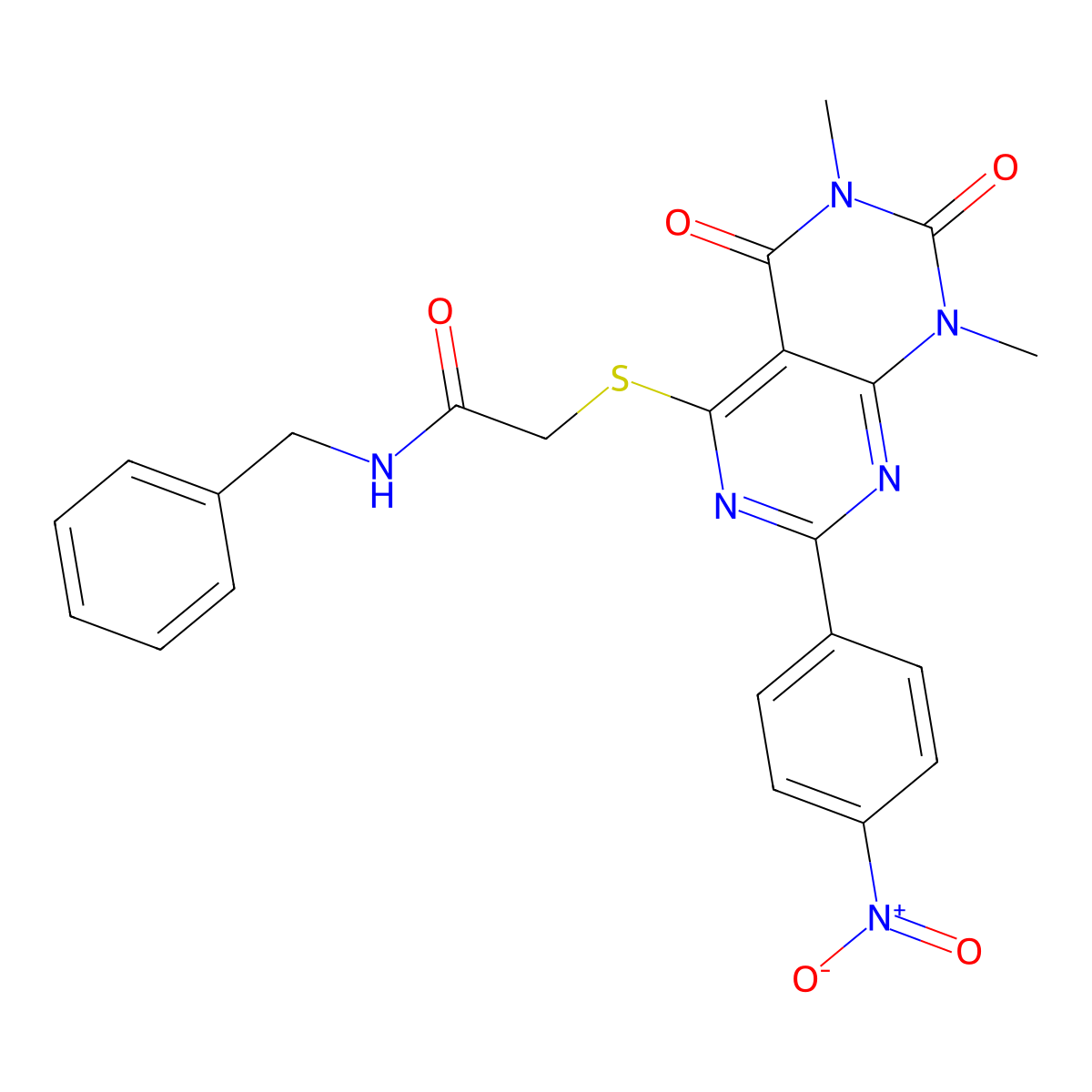 N-benzyl-2-((6,8-dimethyl-2-(4-nitrophenyl)-5,7-dioxo-5,6,7,8-tetrahydropyrimido[4,5-d]pyrimidin-4-yl)thio)acetamide molecular structure, CAS 847190-56-1