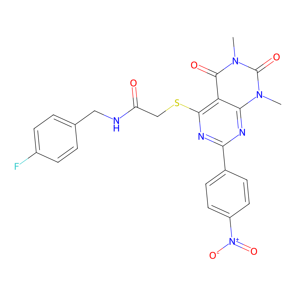 2-((6,8-dimethyl-2-(4-nitrophenyl)-5,7-dioxo-5,6,7,8-tetrahydropyrimido[4,5-d]pyrimidin-4-yl)thio)-N-(4-fluorobenzyl)acetamide molecular structure, CAS 847190-57-2