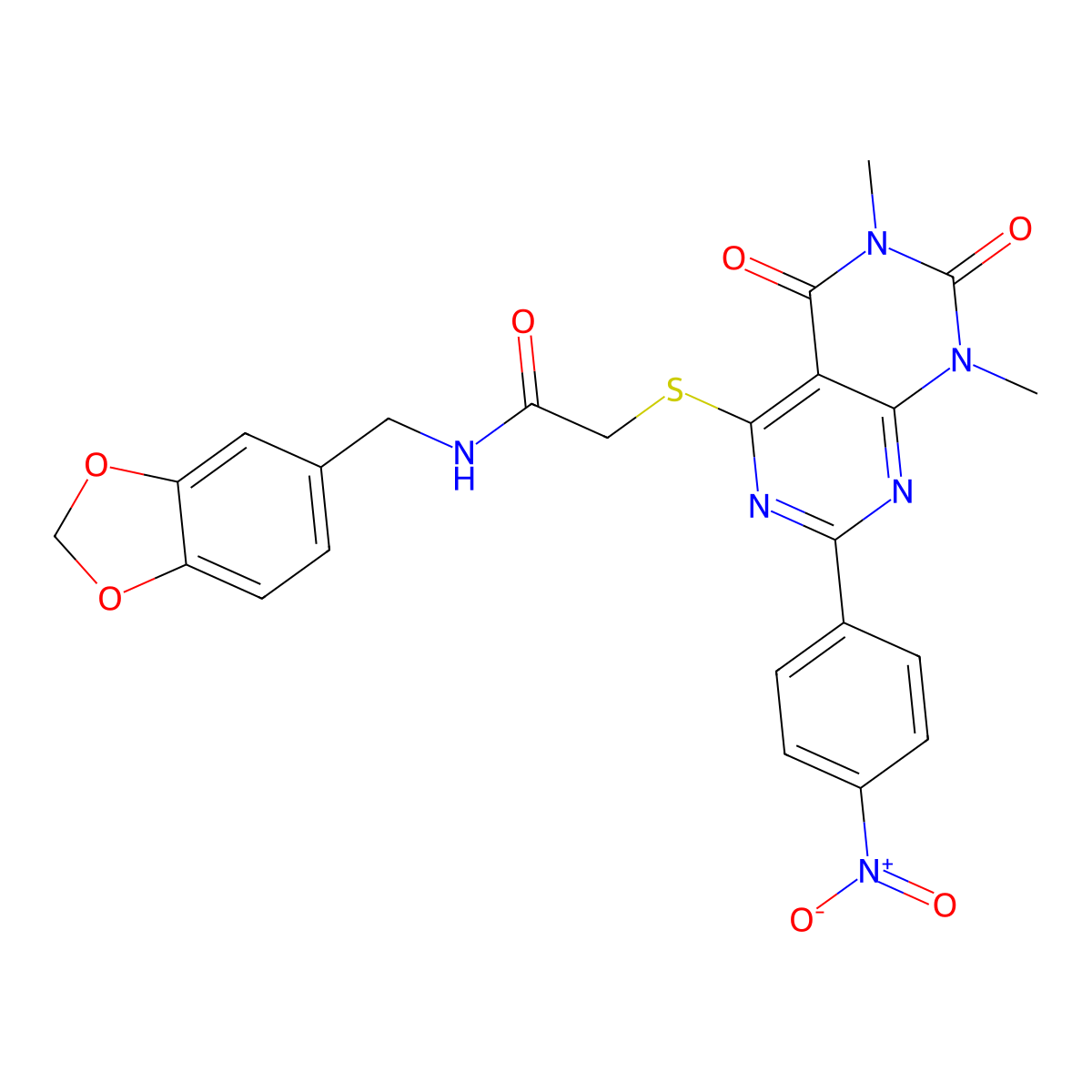 N-(benzo[d][1,3]dioxol-5-ylmethyl)-2-((6,8-dimethyl-2-(4-nitrophenyl)-5,7-dioxo-5,6,7,8-tetrahydropyrimido[4,5-d]pyrimidin-4-yl)thio)acetamide molecular structure, CAS 847190-58-3