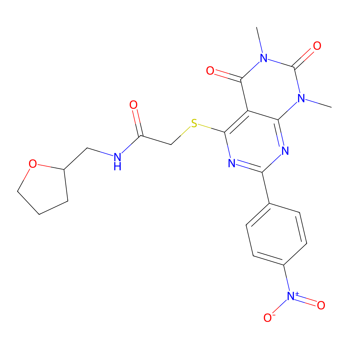 2-((6,8-dimethyl-2-(4-nitrophenyl)-5,7-dioxo-5,6,7,8-tetrahydropyrimido[4,5-d]pyrimidin-4-yl)thio)-N-((tetrahydrofuran-2-yl)methyl)acetamide molecular structure, CAS 847190-59-4