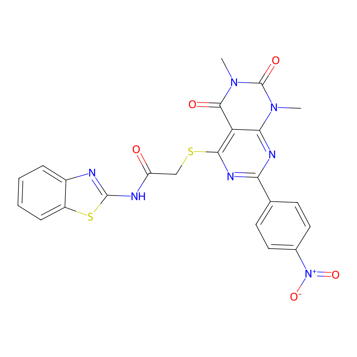 N-(1,3-benzothiazol-2-yl)-2-{[6,8-dimethyl-2-(4-nitrophenyl)-5,7-dioxo-5H,6H,7H,8H-[1,3]diazino[4,5-d]pyrimidin-4-yl]sulfanyl}acetamide molecular structure, CAS 847190-60-7