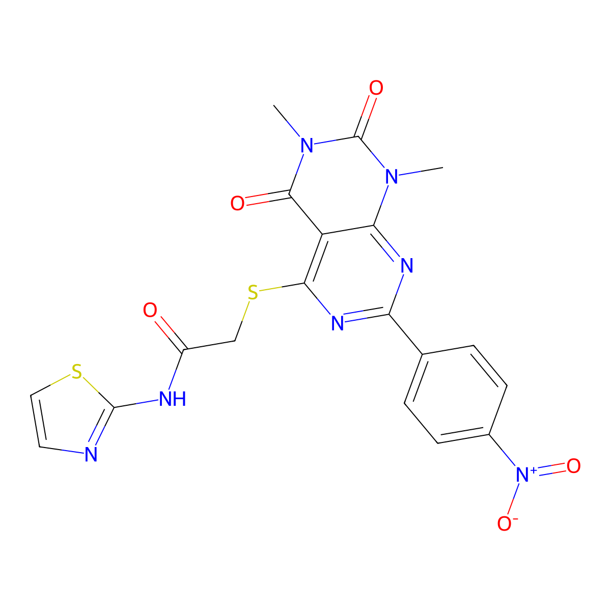 2-{[6,8-dimethyl-2-(4-nitrophenyl)-5,7-dioxo-5H,6H,7H,8H-[1,3]diazino[4,5-d]pyrimidin-4-yl]sulfanyl}-N-(1,3-thiazol-2-yl)acetamide molecular structure, CAS 847190-61-8