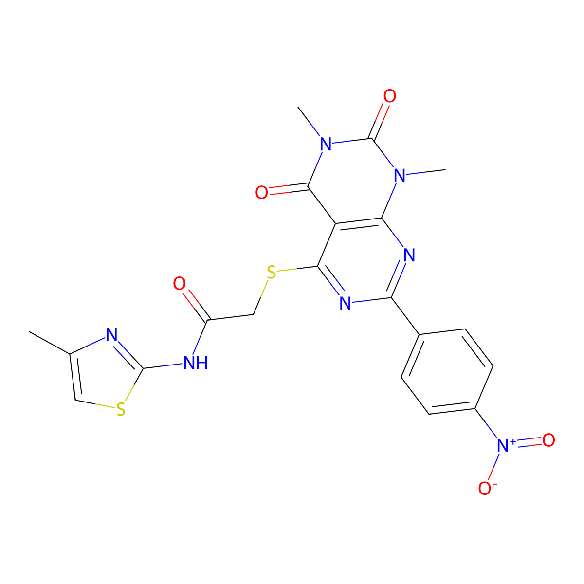 2-((6,8-dimethyl-2-(4-nitrophenyl)-5,7-dioxo-5,6,7,8-tetrahydropyrimido[4,5-d]pyrimidin-4-yl)thio)-N-(4-methylthiazol-2-yl)acetamide molecular structure, CAS 847190-62-9