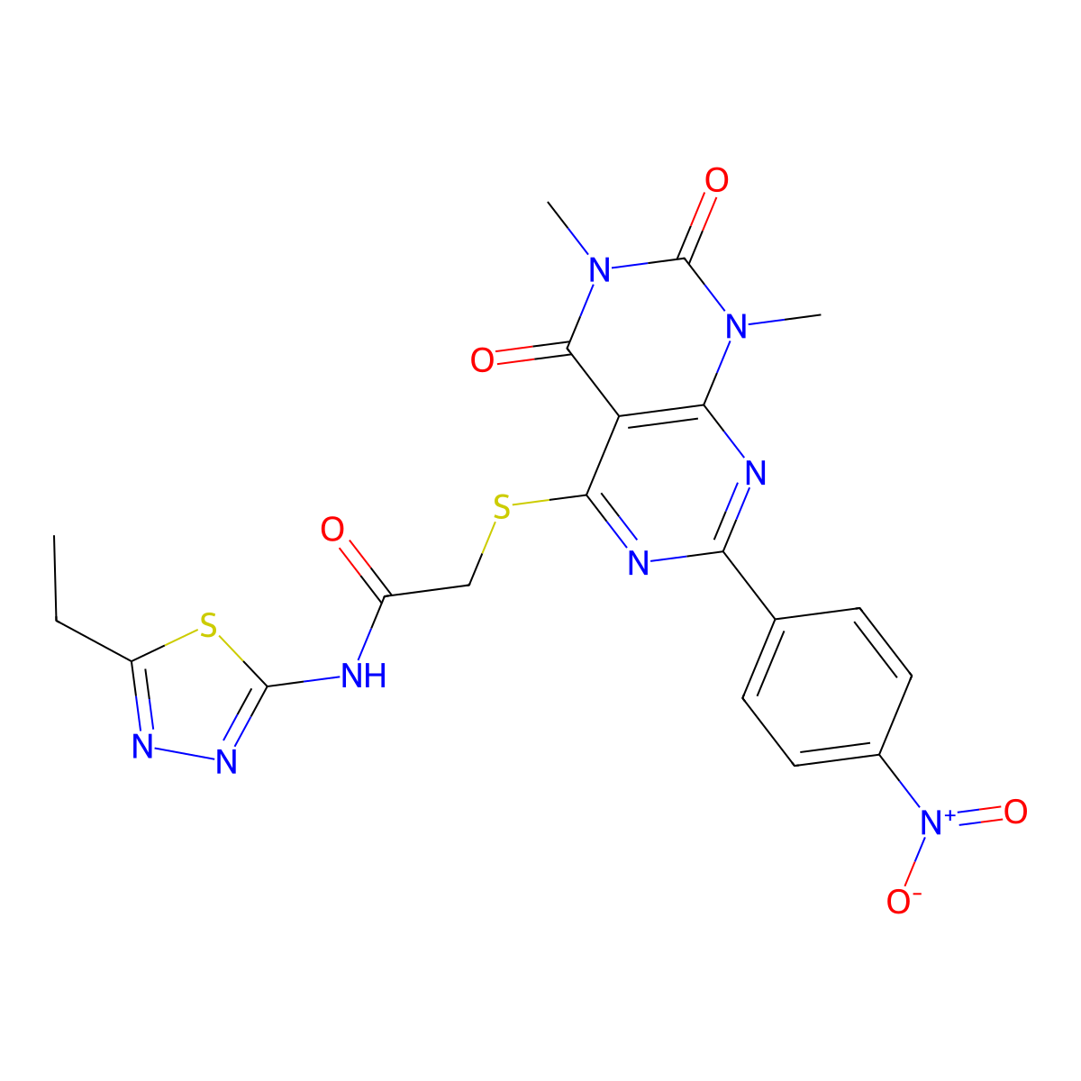2-{[6,8-dimethyl-2-(4-nitrophenyl)-5,7-dioxo-5H,6H,7H,8H-[1,3]diazino[4,5-d]pyrimidin-4-yl]sulfanyl}-N-(5-ethyl-1,3,4-thiadiazol-2-yl)acetamide molecular structure, CAS 847190-64-1