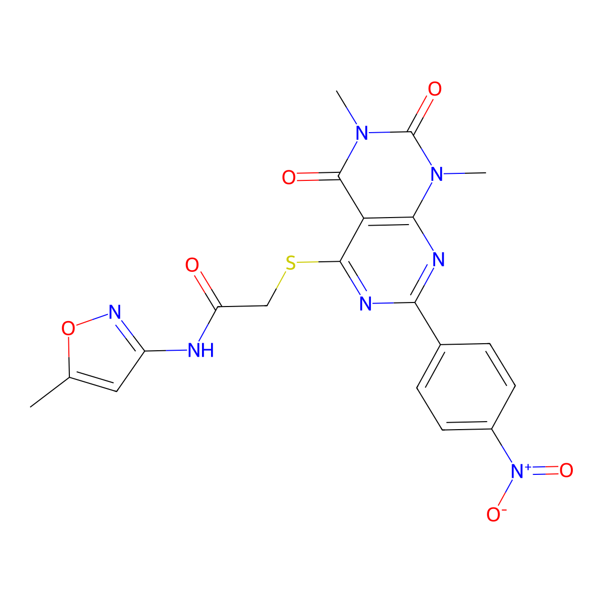 2-((6,8-dimethyl-2-(4-nitrophenyl)-5,7-dioxo-5,6,7,8-tetrahydropyrimido[4,5-d]pyrimidin-4-yl)thio)-N-(5-methylisoxazol-3-yl)acetamide molecular structure, CAS 847190-65-2