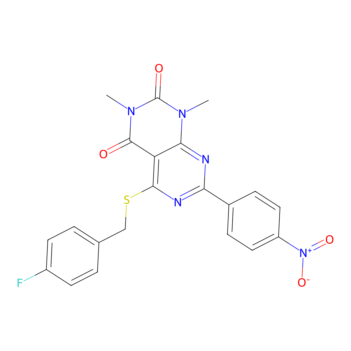 5-((4-fluorobenzyl)thio)-1,3-dimethyl-7-(4-nitrophenyl)pyrimido[4,5-d]pyrimidine-2,4(1H,3H)-dione molecular structure, CAS 847190-66-3