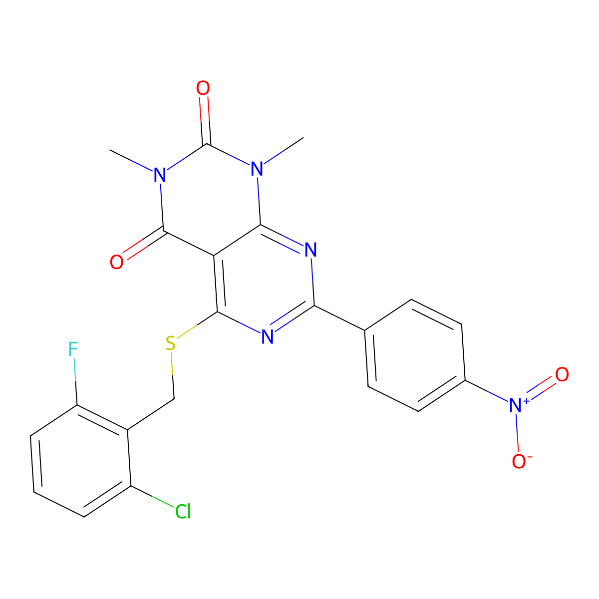 5-((2-chloro-6-fluorobenzyl)thio)-1,3-dimethyl-7-(4-nitrophenyl)pyrimido[4,5-d]pyrimidine-2,4(1H,3H)-dione molecular structure, CAS 847190-67-4