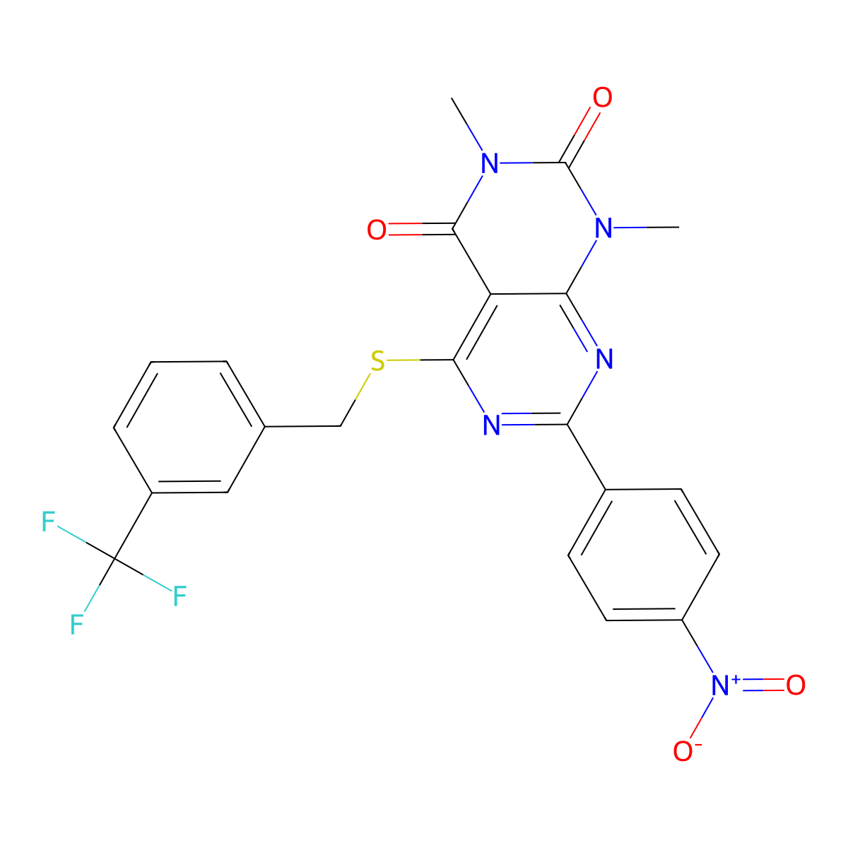 1,3-dimethyl-7-(4-nitrophenyl)-5-((3-(trifluoromethyl)benzyl)thio)pyrimido[4,5-d]pyrimidine-2,4(1H,3H)-dione molecular structure, CAS 847190-68-5