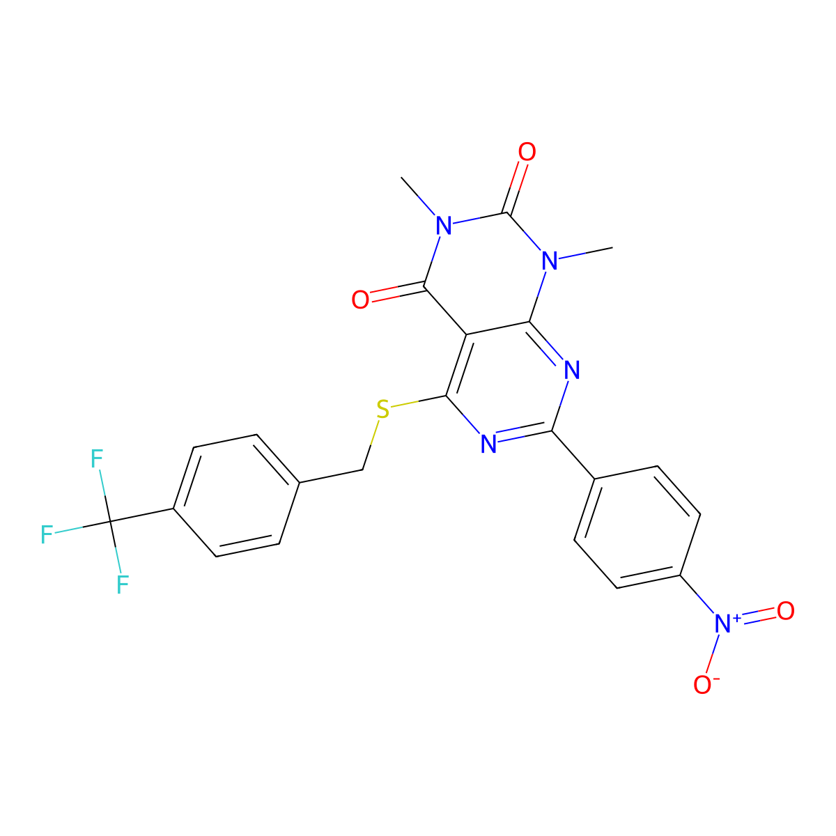 1,3-dimethyl-7-(4-nitrophenyl)-5-((4-(trifluoromethyl)benzyl)thio)pyrimido[4,5-d]pyrimidine-2,4(1H,3H)-dione molecular structure, CAS 847190-69-6