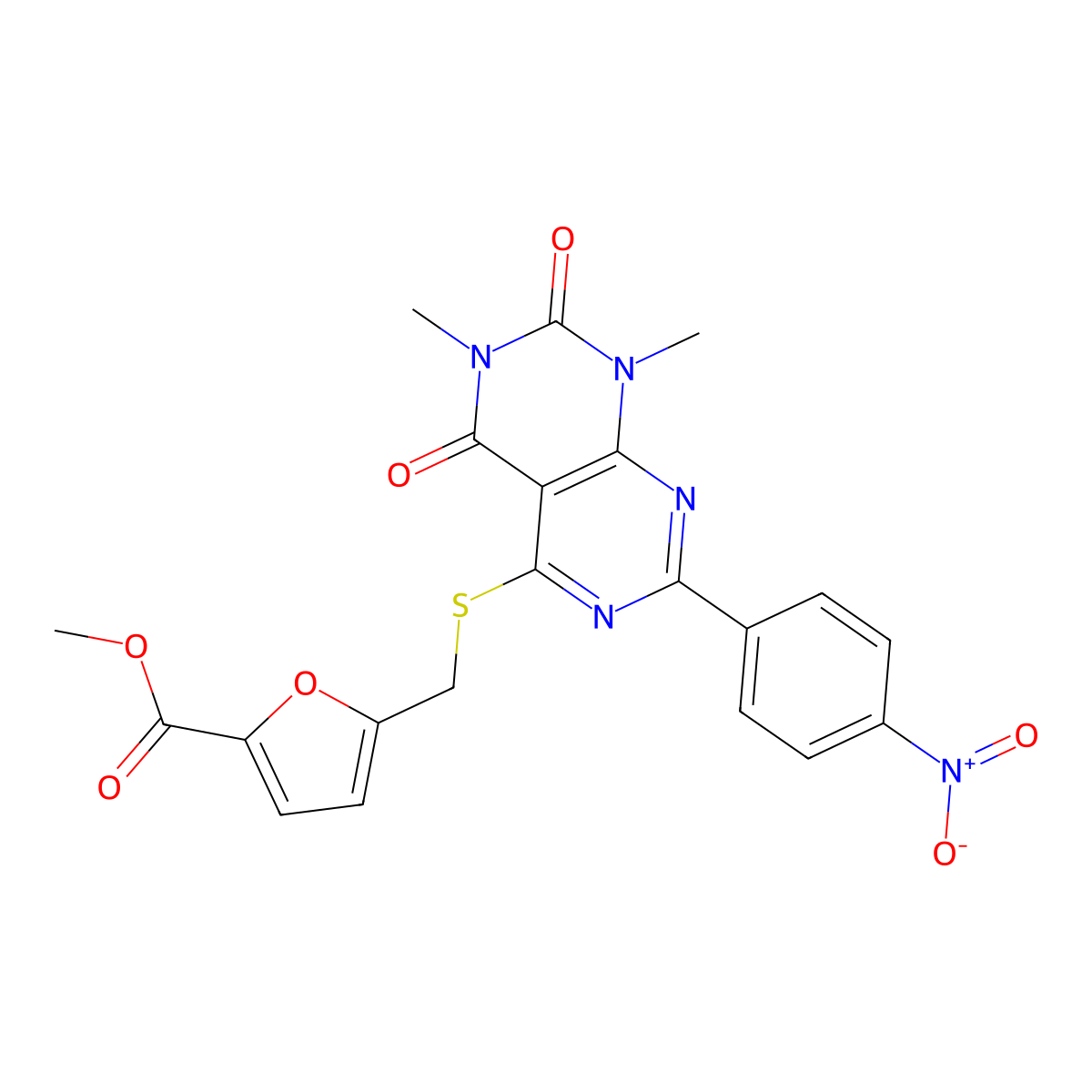 Methyl 5-(((6,8-dimethyl-2-(4-nitrophenyl)-5,7-dioxo-5,6,7,8-tetrahydropyrimido[4,5-d]pyrimidin-4-yl)thio)methyl)furan-2-carboxylate molecular structure, CAS 847190-70-9
