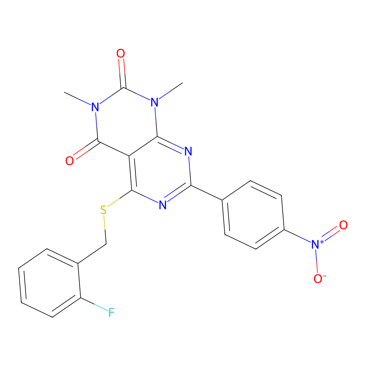 5-((2-fluorobenzyl)thio)-1,3-dimethyl-7-(4-nitrophenyl)pyrimido[4,5-d]pyrimidine-2,4(1H,3H)-dione molecular structure, CAS 847190-71-0