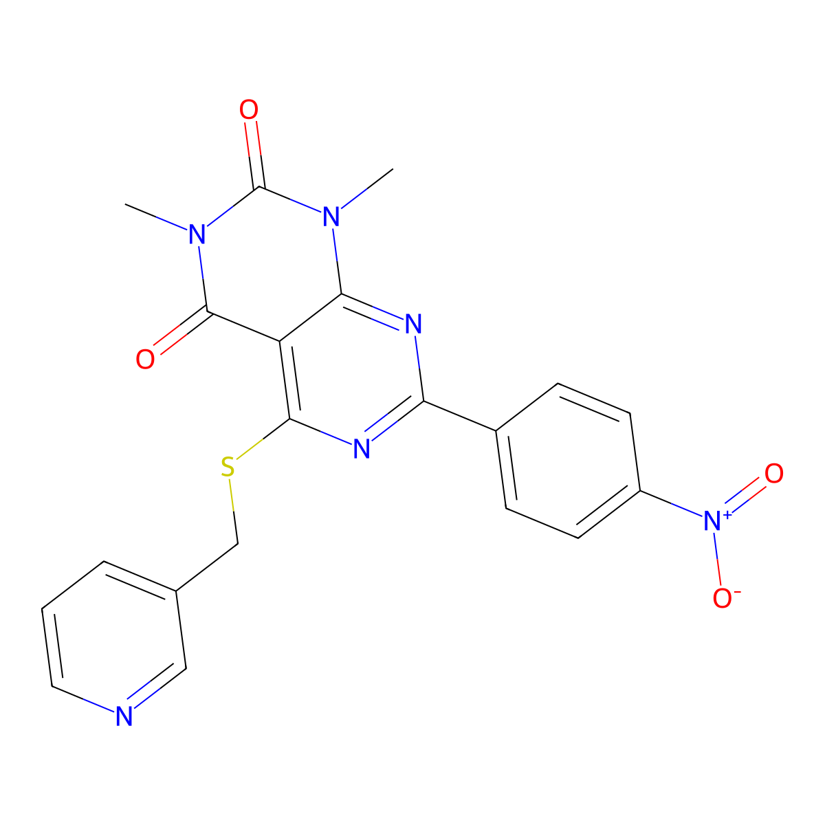 1,3-dimethyl-7-(4-nitrophenyl)-5-((pyridin-3-ylmethyl)thio)pyrimido[4,5-d]pyrimidine-2,4(1H,3H)-dione molecular structure, CAS 847190-72-1