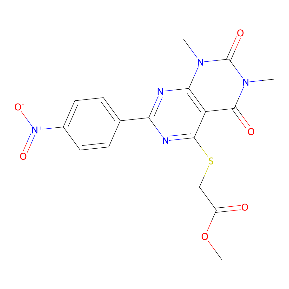 methyl 2-{[6,8-dimethyl-2-(4-nitrophenyl)-5,7-dioxo-5H,6H,7H,8H-[1,3]diazino[4,5-d]pyrimidin-4-yl]sulfanyl}acetate molecular structure, CAS 847190-73-2