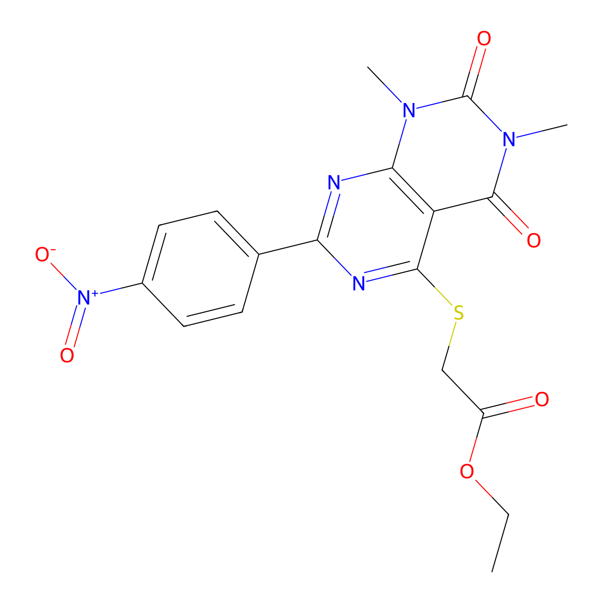 Ethyl 2-((6,8-dimethyl-2-(4-nitrophenyl)-5,7-dioxo-5,6,7,8-tetrahydropyrimido[4,5-d]pyrimidin-4-yl)thio)acetate molecular structure, CAS 847190-74-3