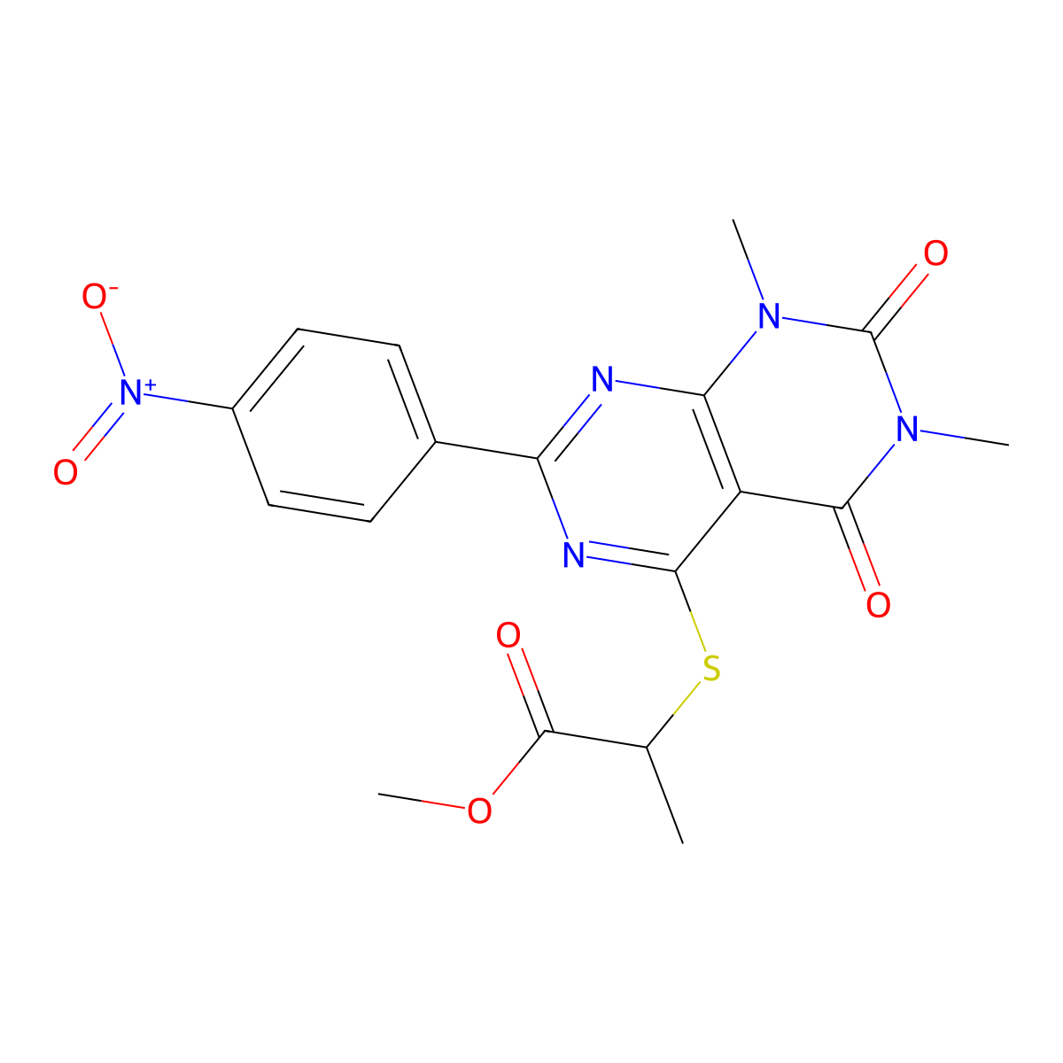 Methyl 2-((6,8-dimethyl-2-(4-nitrophenyl)-5,7-dioxo-5,6,7,8-tetrahydropyrimido[4,5-d]pyrimidin-4-yl)thio)propanoate molecular structure, CAS 847190-75-4